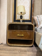 Brass-Framed Wooden Nightstand with Curved Design