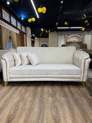 Cream Ribbed Upholstery with Gold Metal Accents & Trim