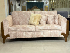 Beige Upholstery with Dark Wood Frame & Curved Arms