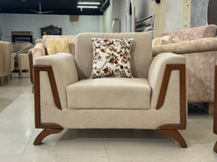 Cream Upholstery with Wood Frame & Curved Arm Design