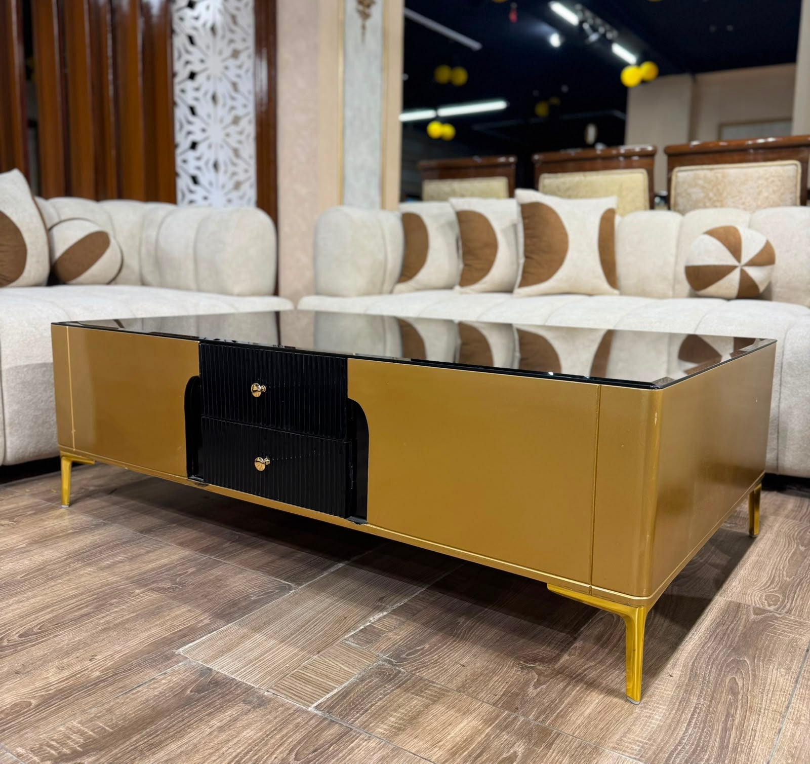 Premium Black Glass Center Table with Gold Base