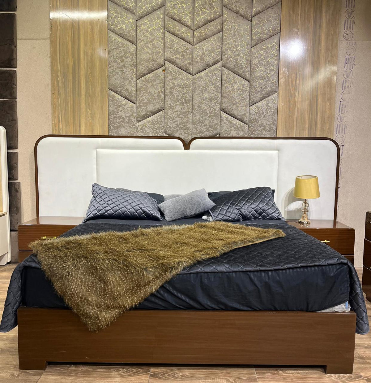 Contemporary Wooden Bed with Cushioned Headboard