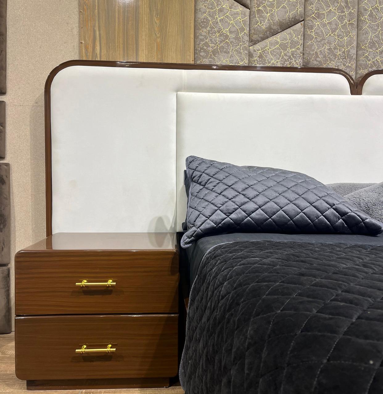 Contemporary Wooden Bed with Cushioned Headboard