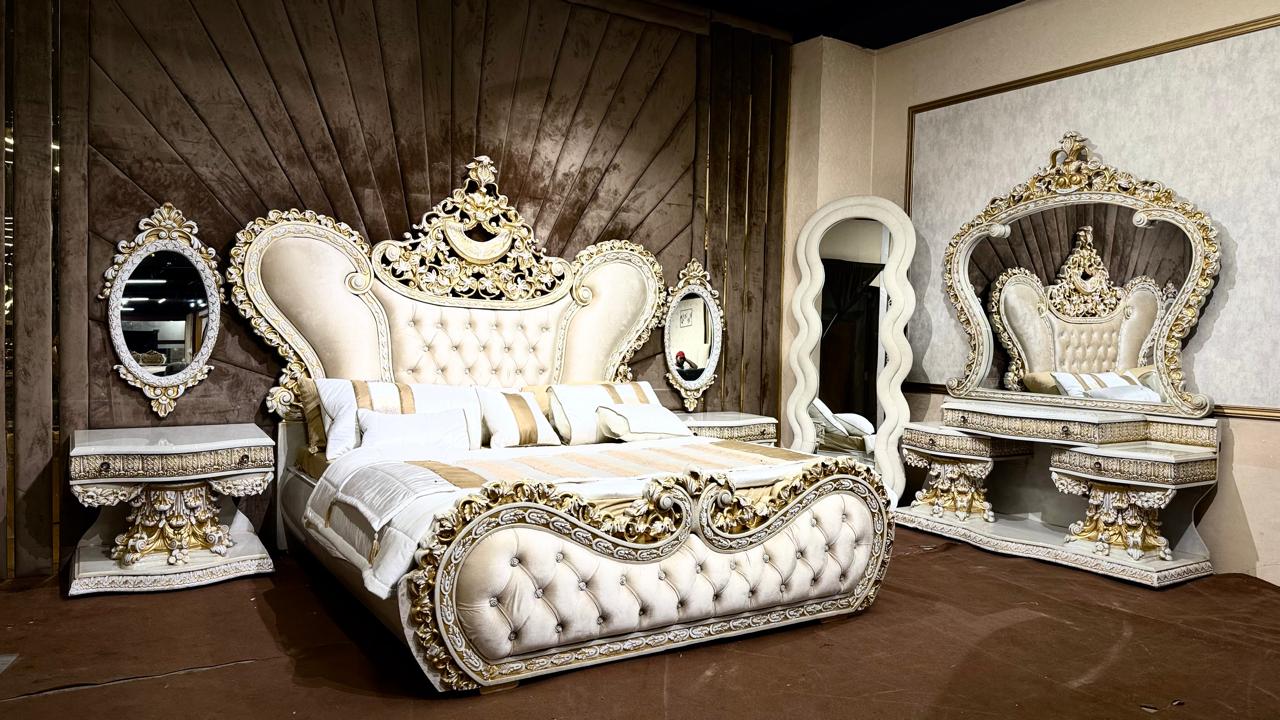 Royal White & Gold Crown Bed