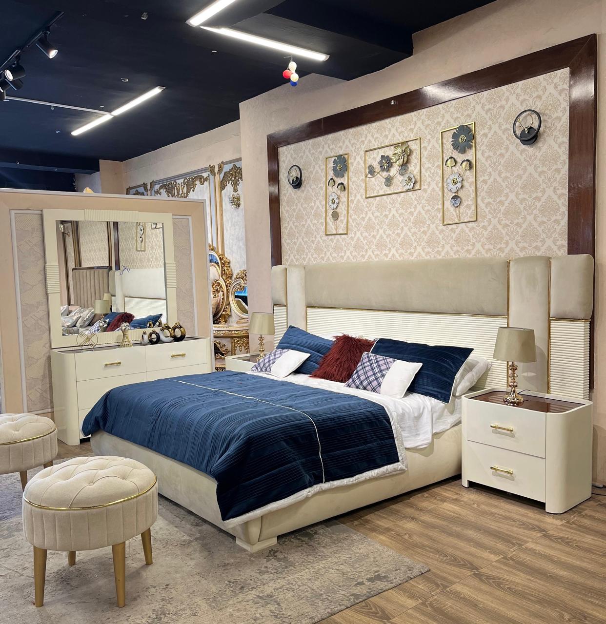 Modern White Upholstered Bed with Side Tables