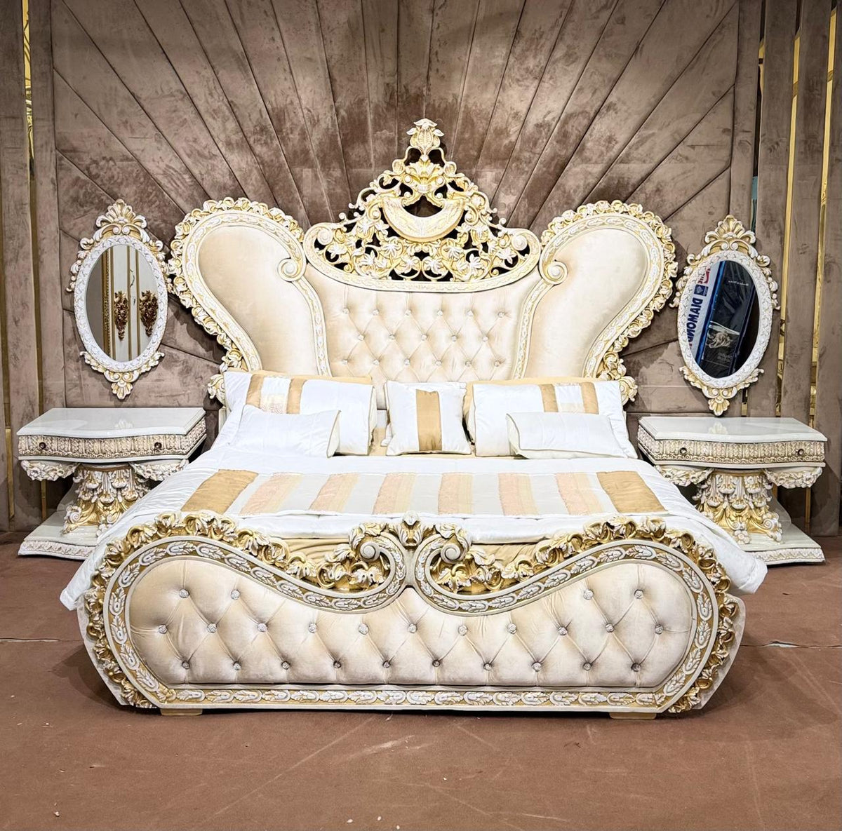 Royal White & Gold Crown Bed