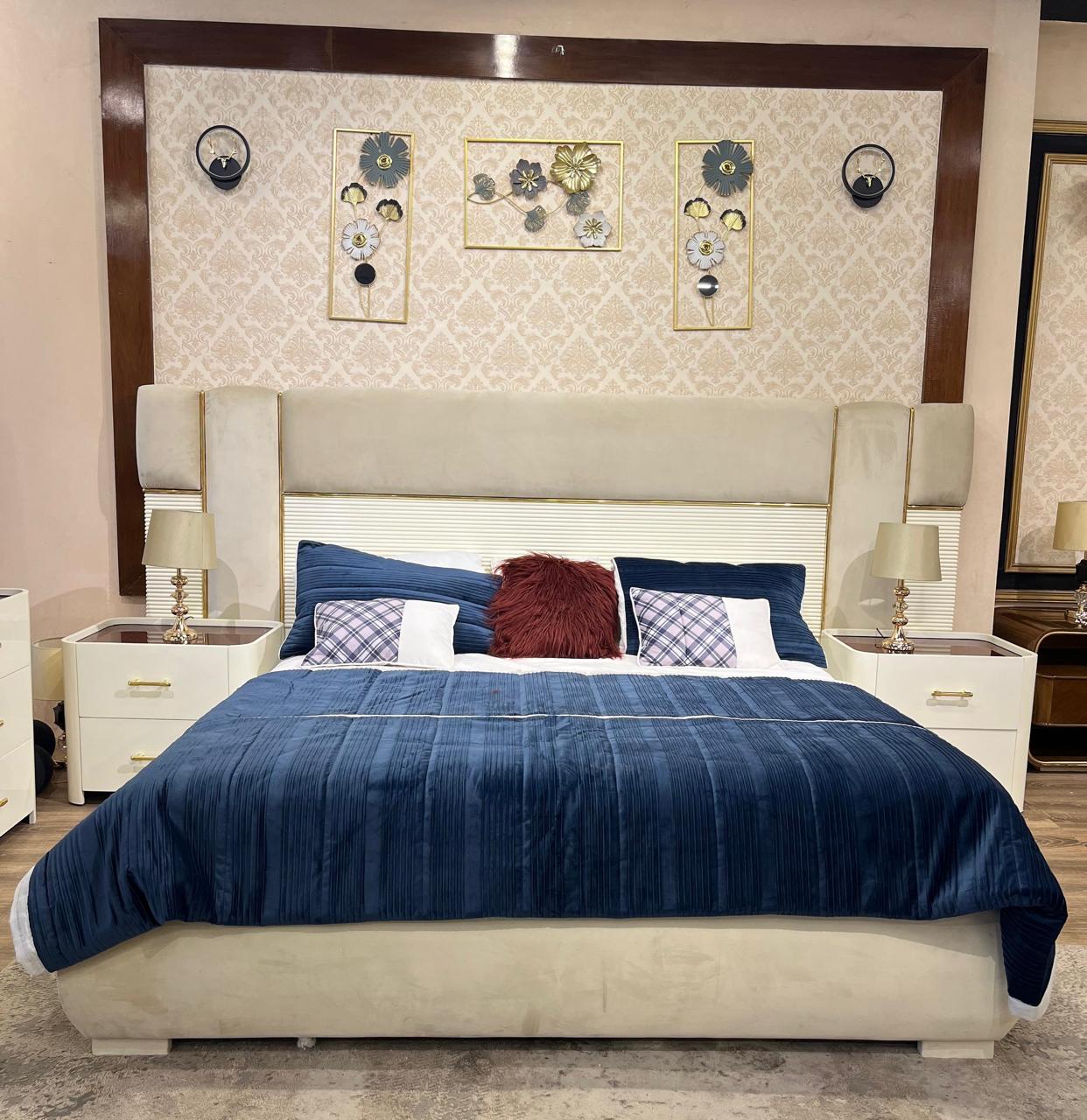 Modern White Upholstered Bed with Side Tables