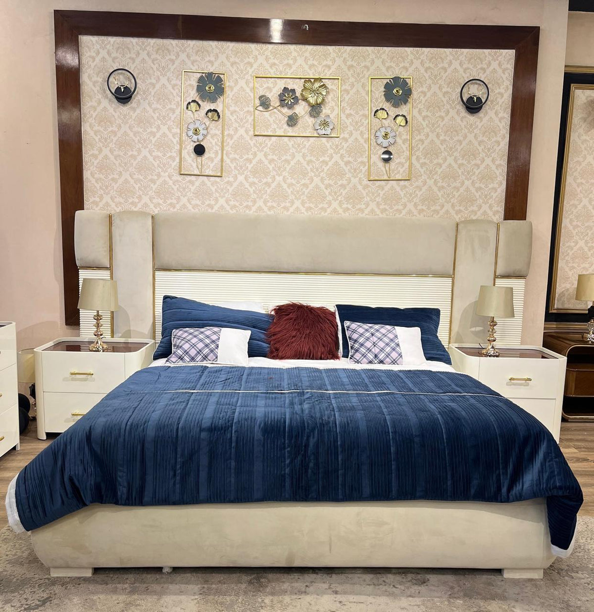 Modern White Upholstered Bed with Side Tables