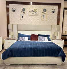 Modern White Upholstered Bed with Side Tables