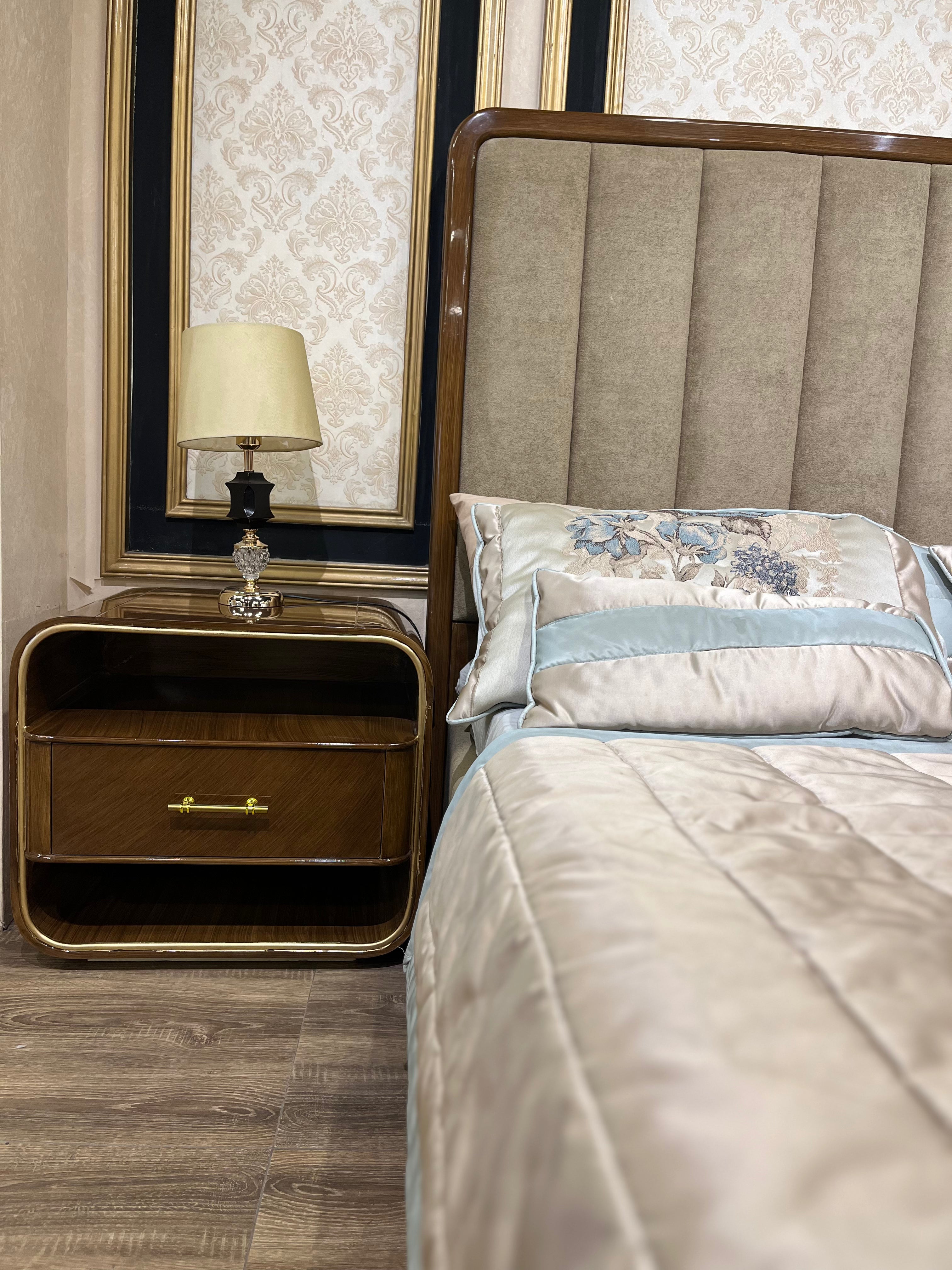Brass-Framed Wooden Nightstand with Curved Design