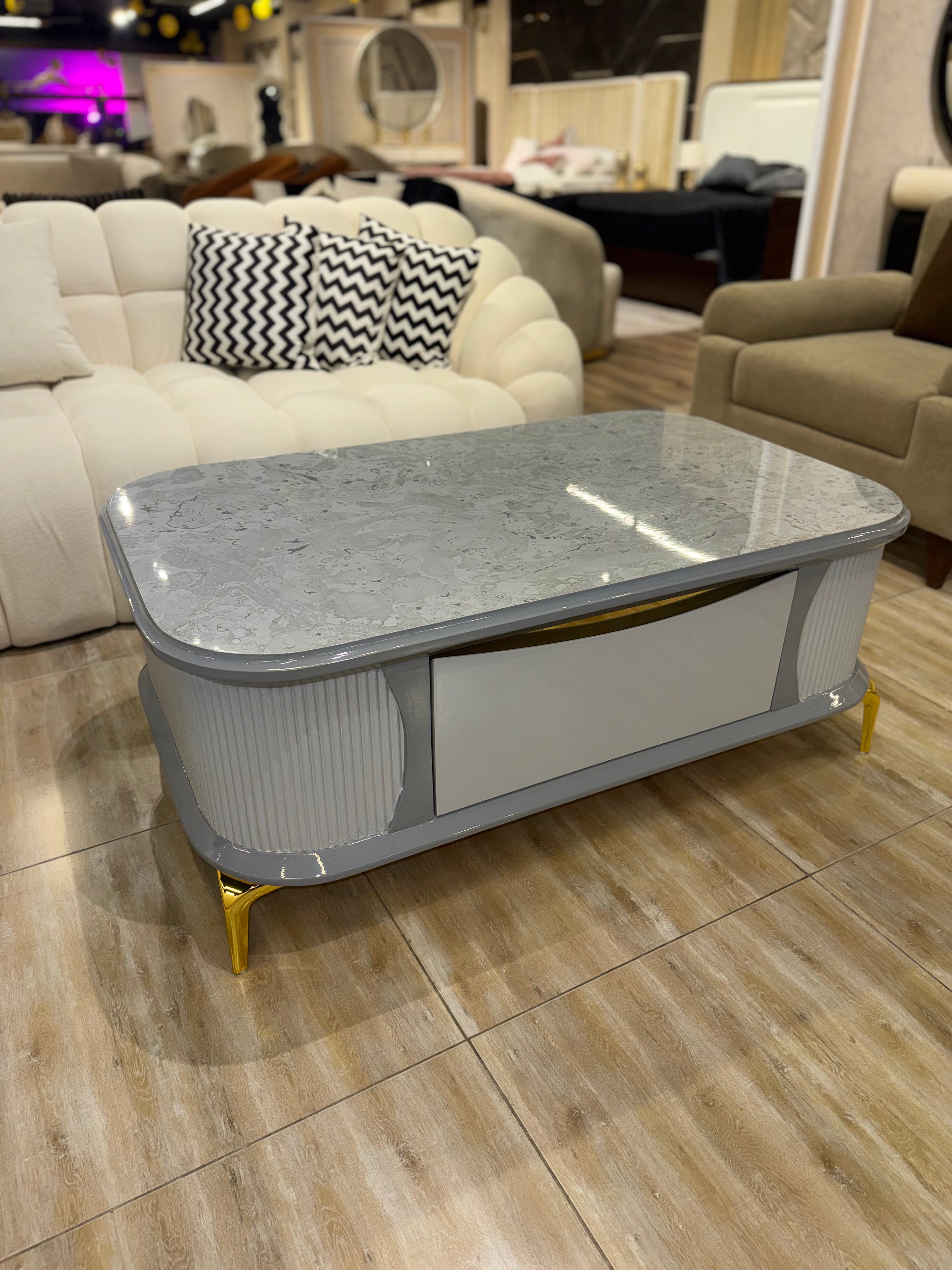 Modern Marble Top with Gray Ribbed Base & Gold Metal Legs