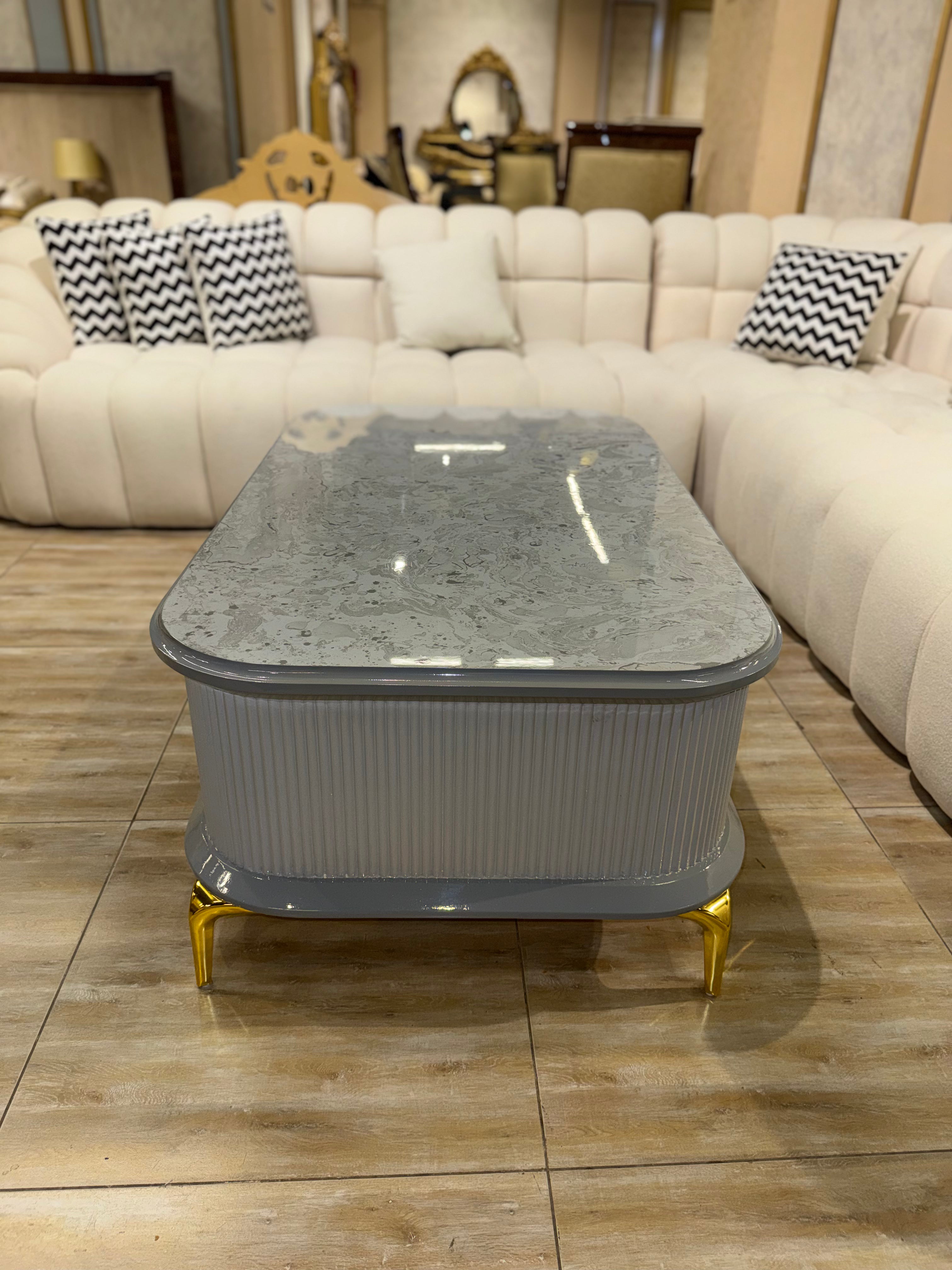 Modern Marble Top with Gray Ribbed Base & Gold Metal Legs