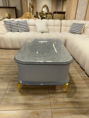 Modern Marble Top with Gray Ribbed Base & Gold Metal Legs