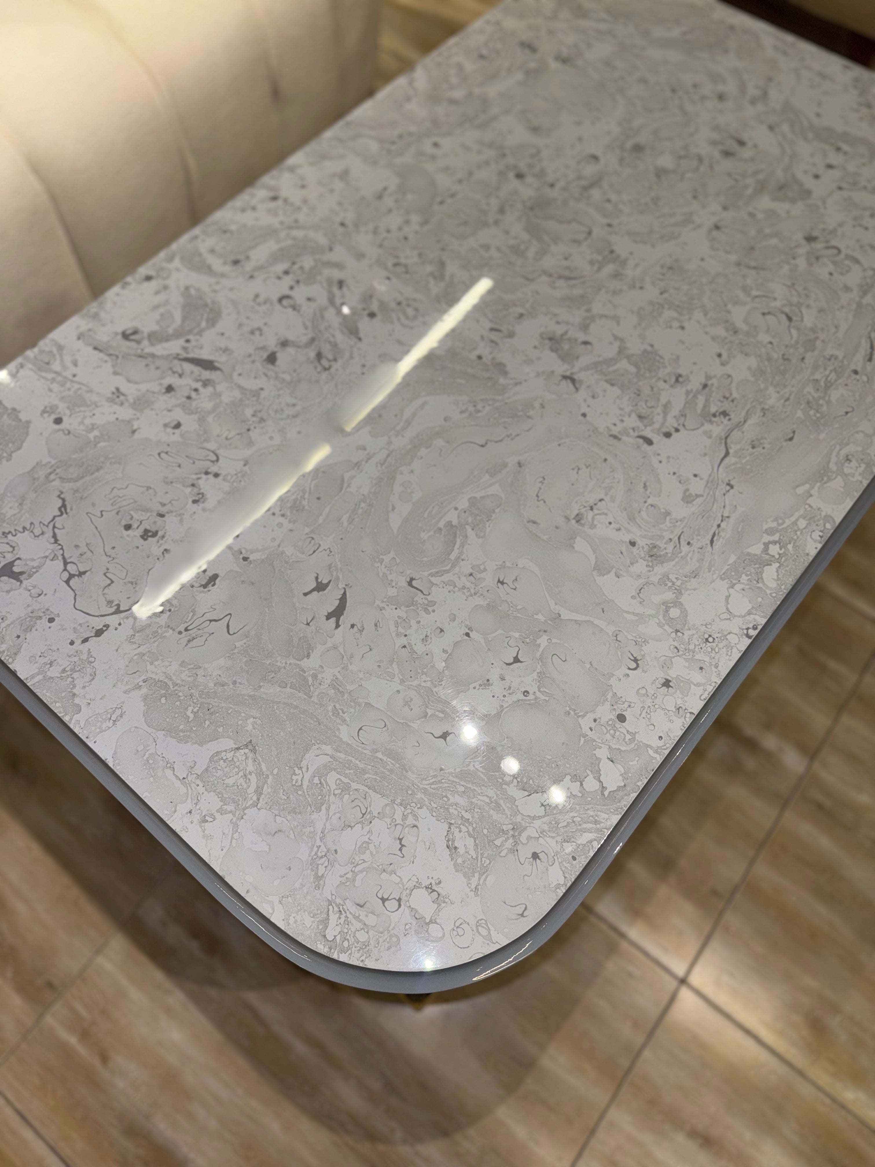 Modern Marble Top with Gray Ribbed Base & Gold Metal Legs