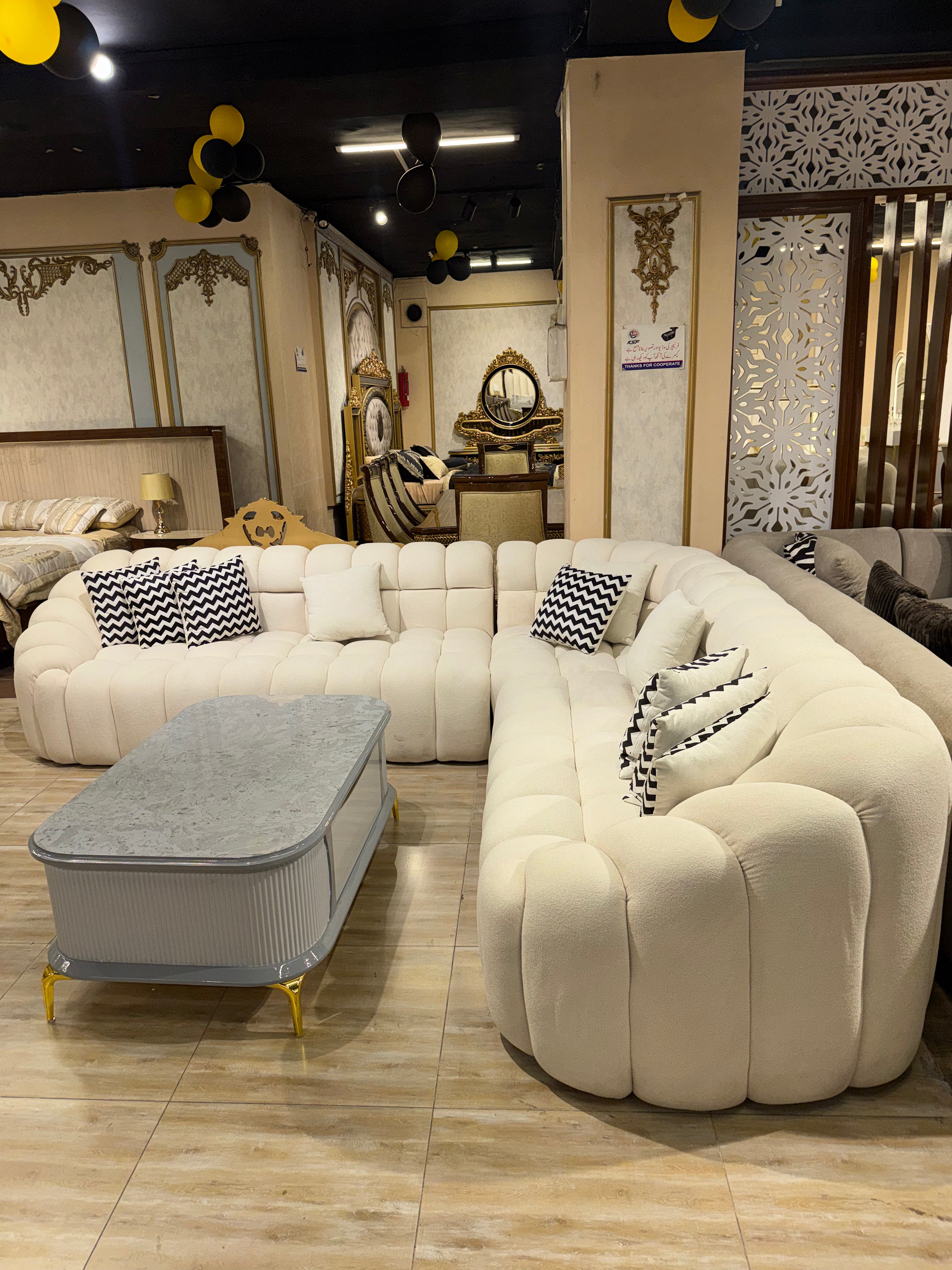 Modern Marble Top with Gray Ribbed Base & Gold Metal Legs