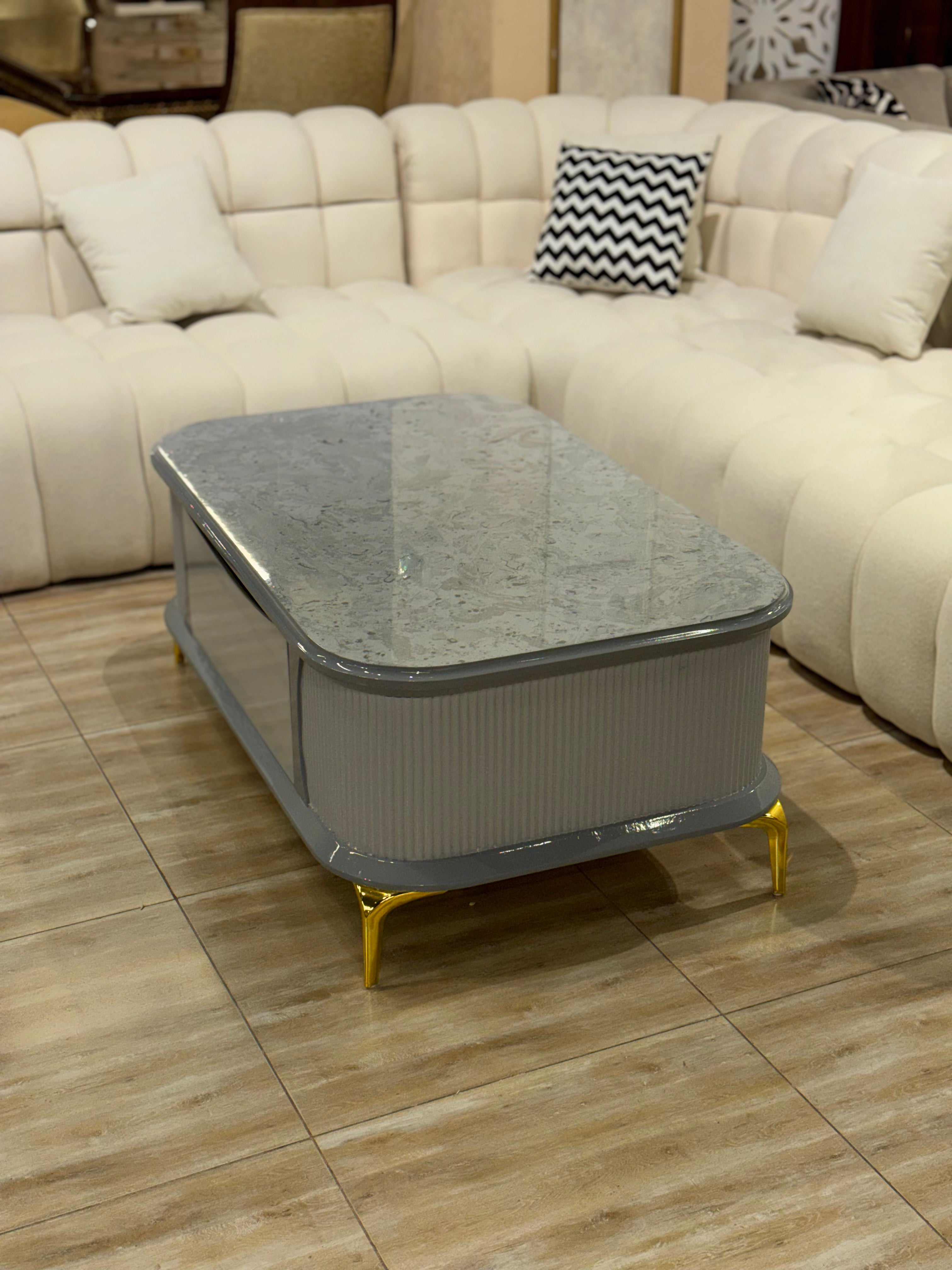 Modern Marble Top with Gray Ribbed Base & Gold Metal Legs