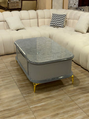 Modern Marble Top with Gray Ribbed Base & Gold Metal Legs