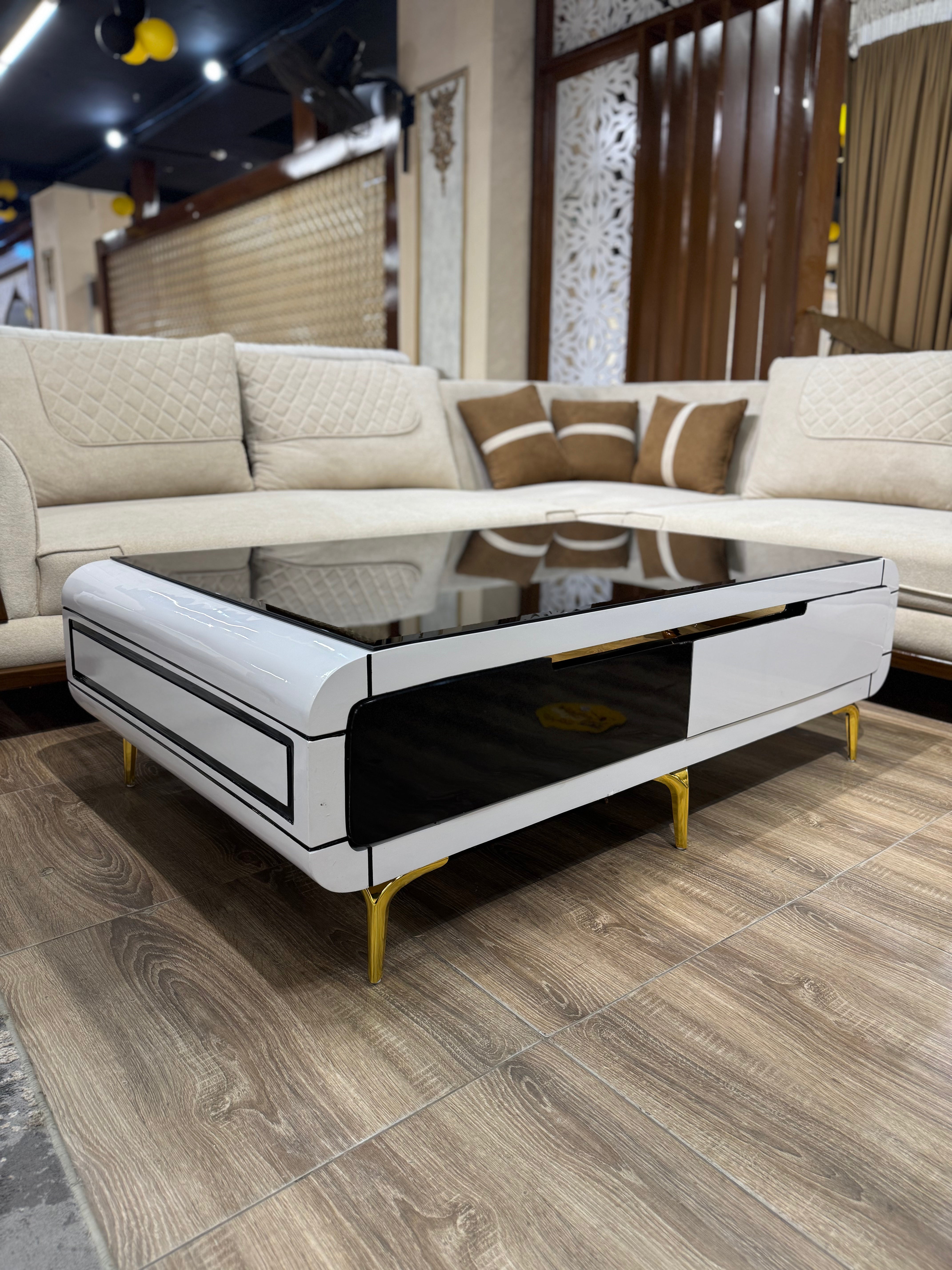 Modern Black Glass Top with White Base & Geometric Details