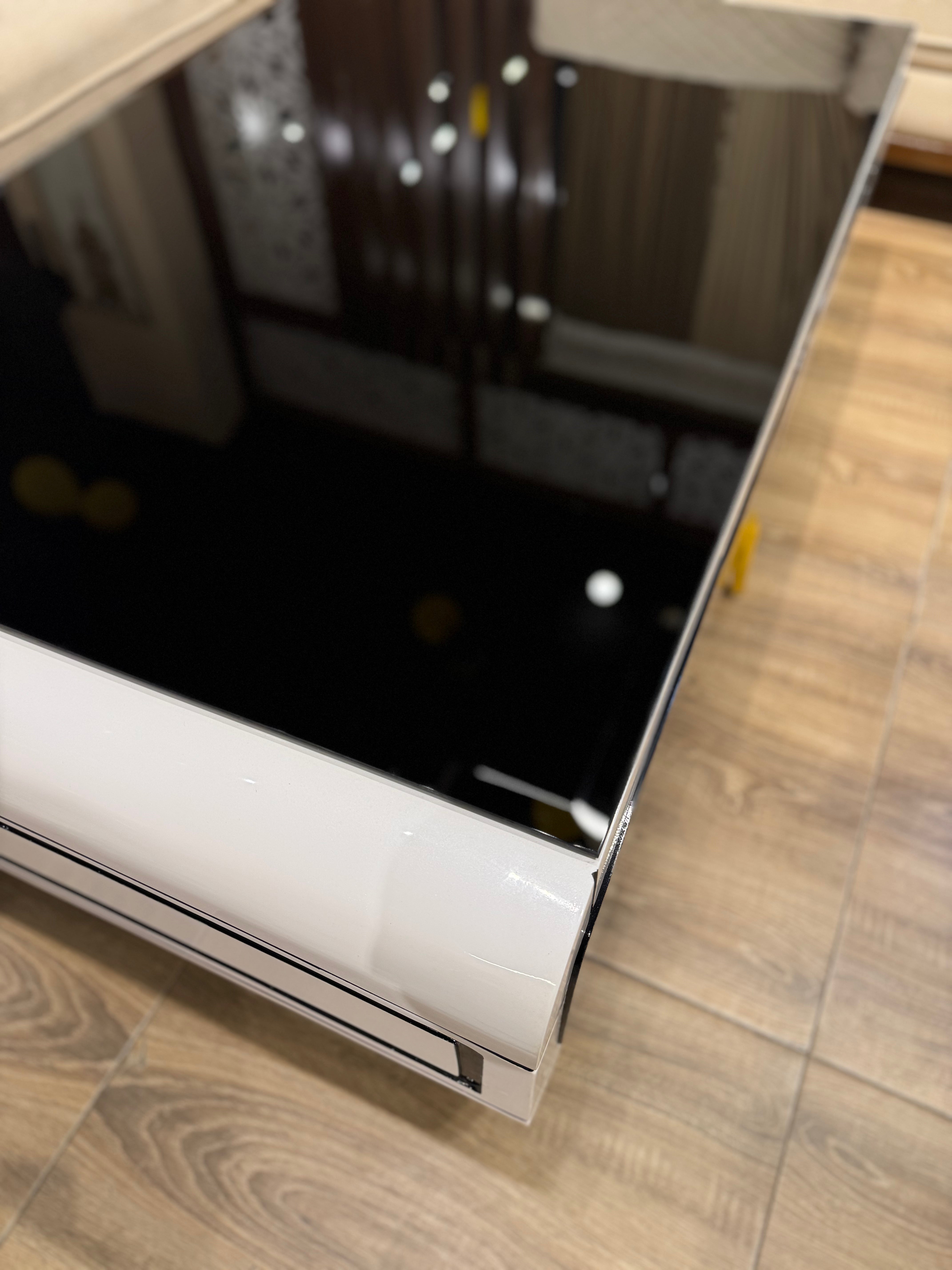 Modern Black Glass Top with White Base & Geometric Details