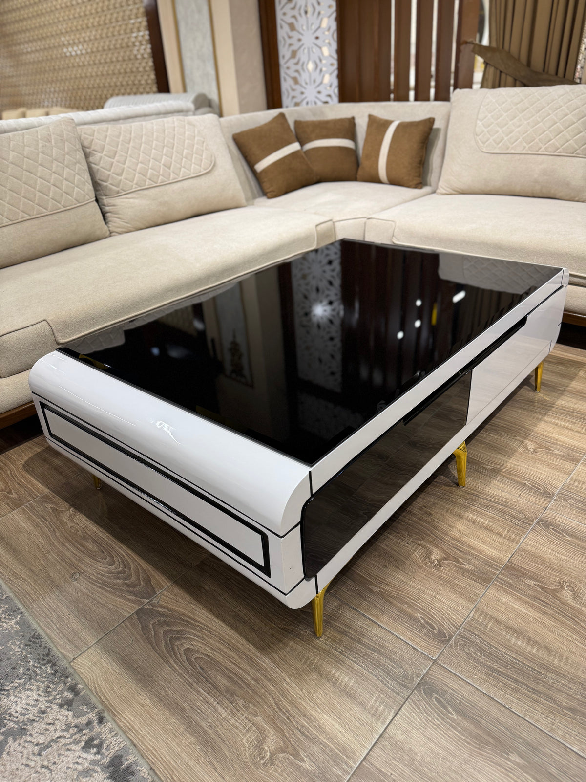 Modern Black Glass Top with White Base & Geometric Details