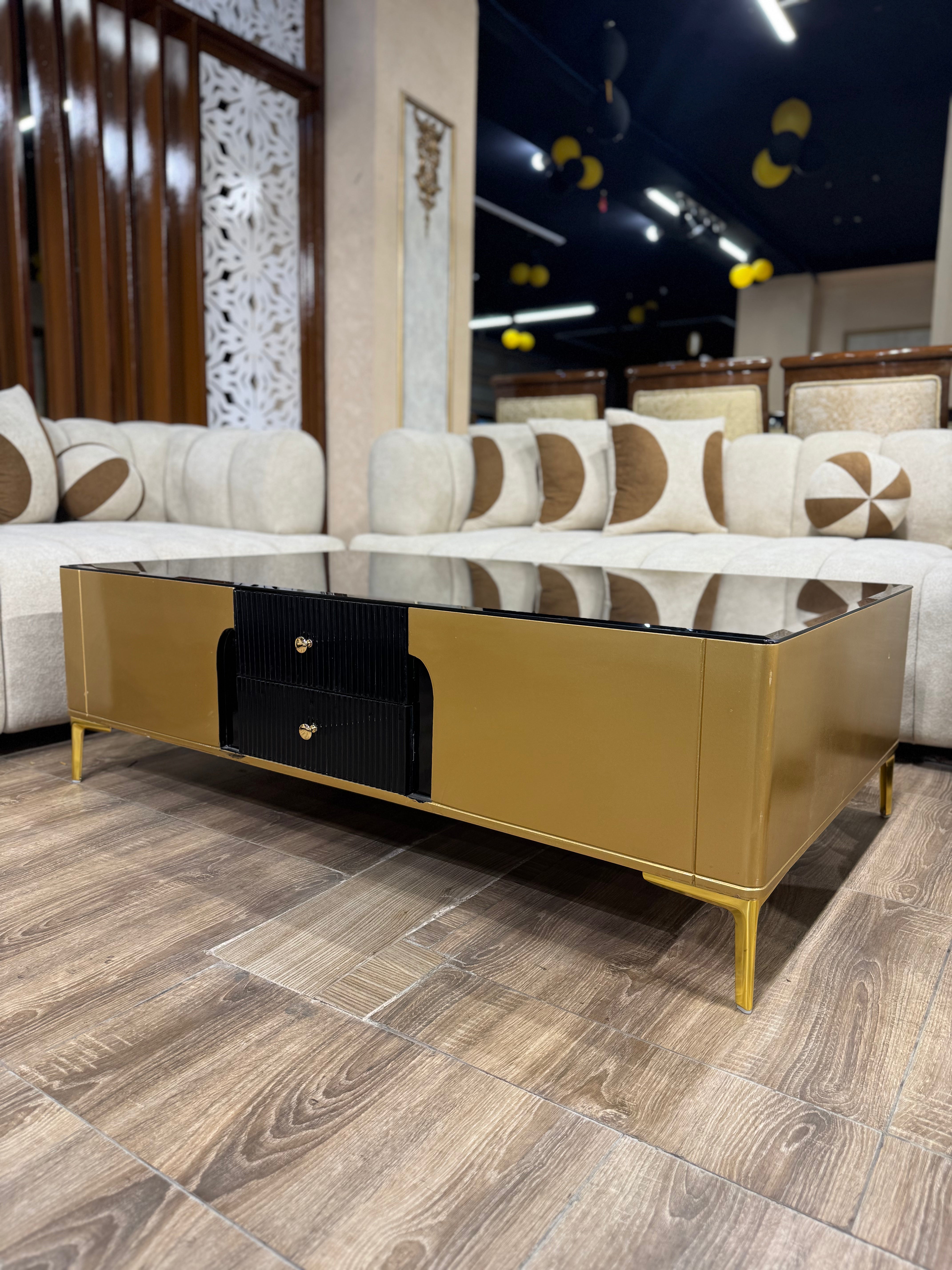 Luxury Black Glass Top with Gold Metal Base & Tapered Legs