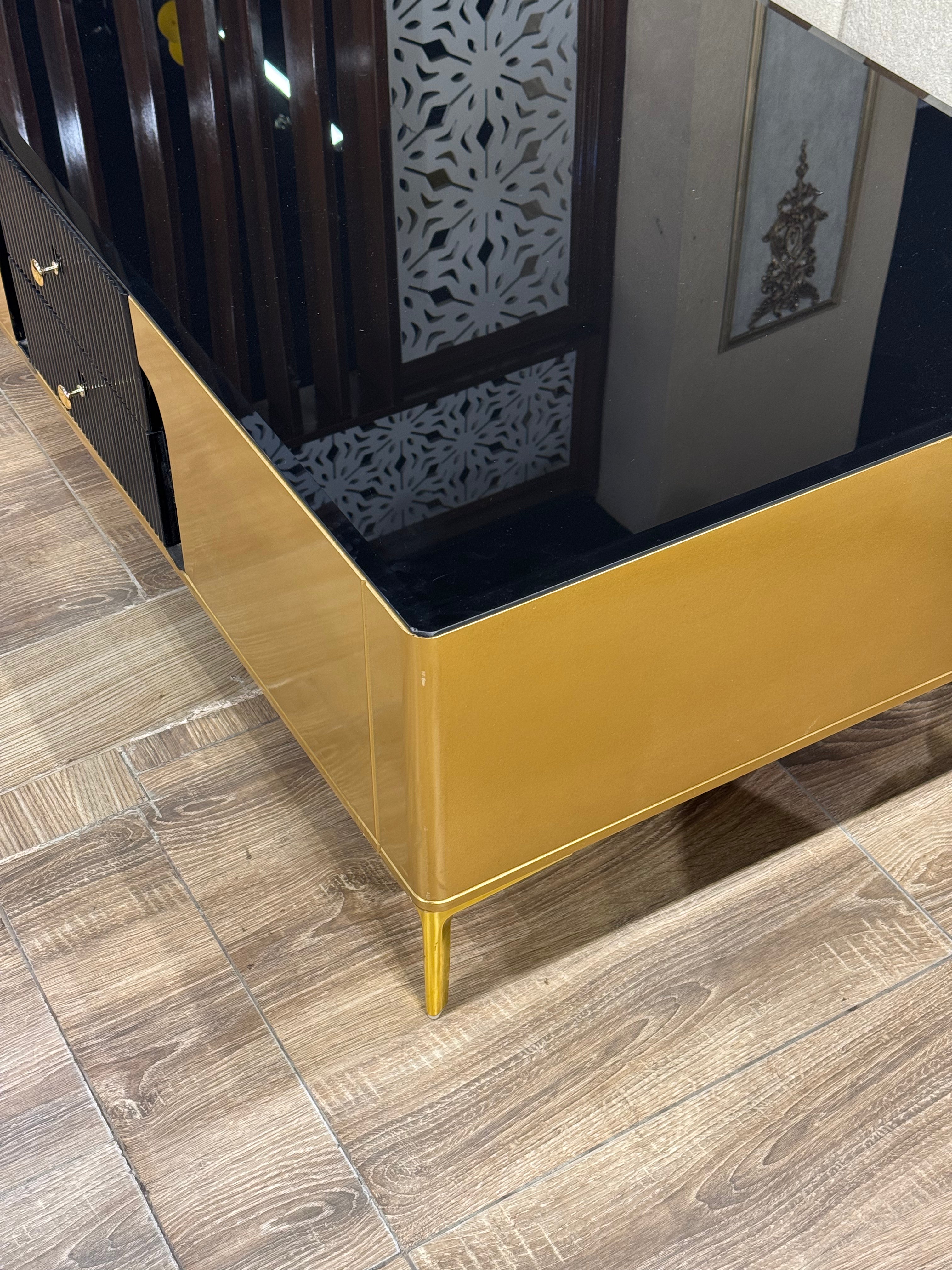 Luxury Black Glass Top with Gold Metal Base & Tapered Legs