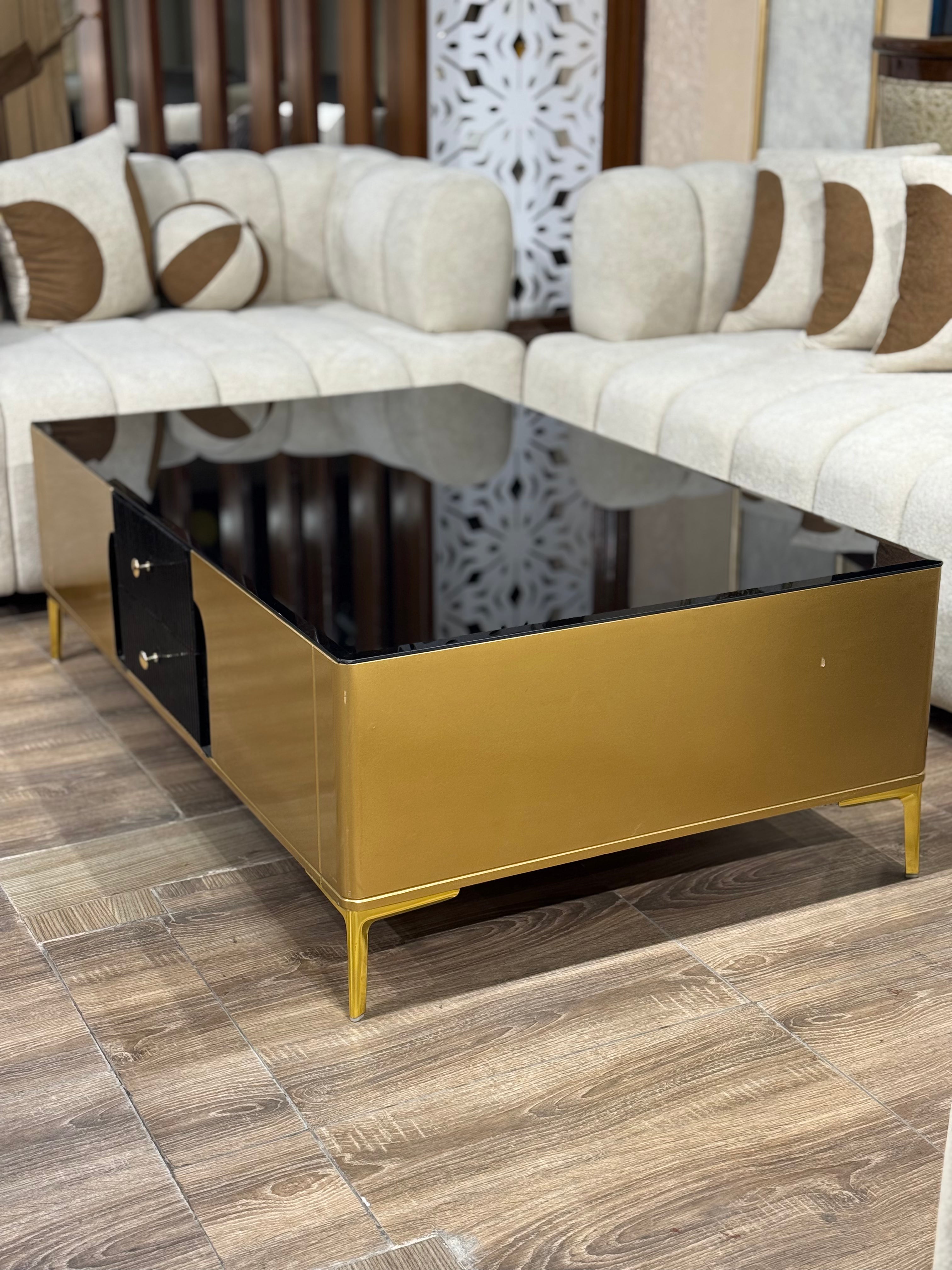 Luxury Black Glass Top with Gold Metal Base & Tapered Legs