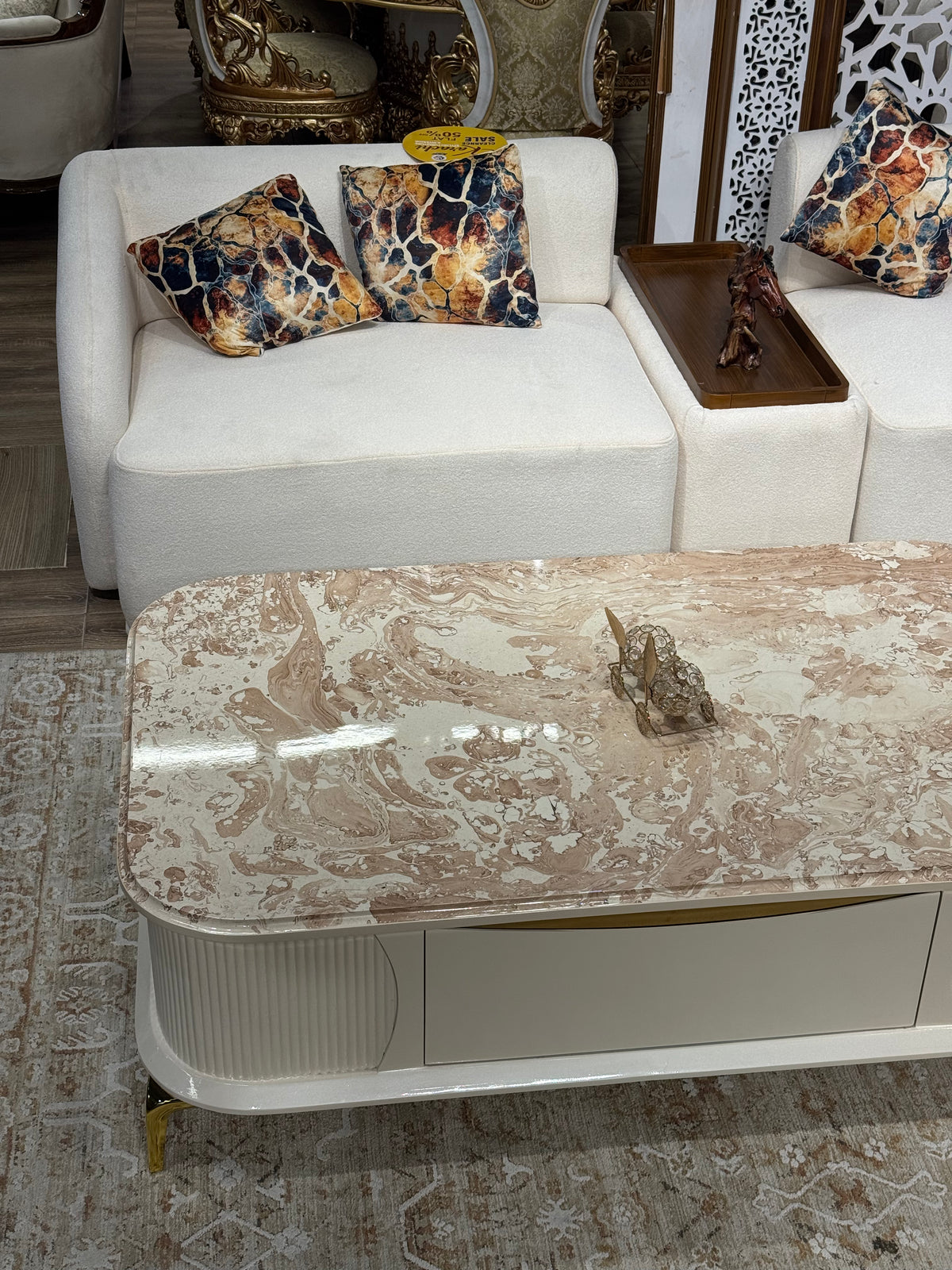 Luxury Marble Top with Curved White Base & Ribbed Design