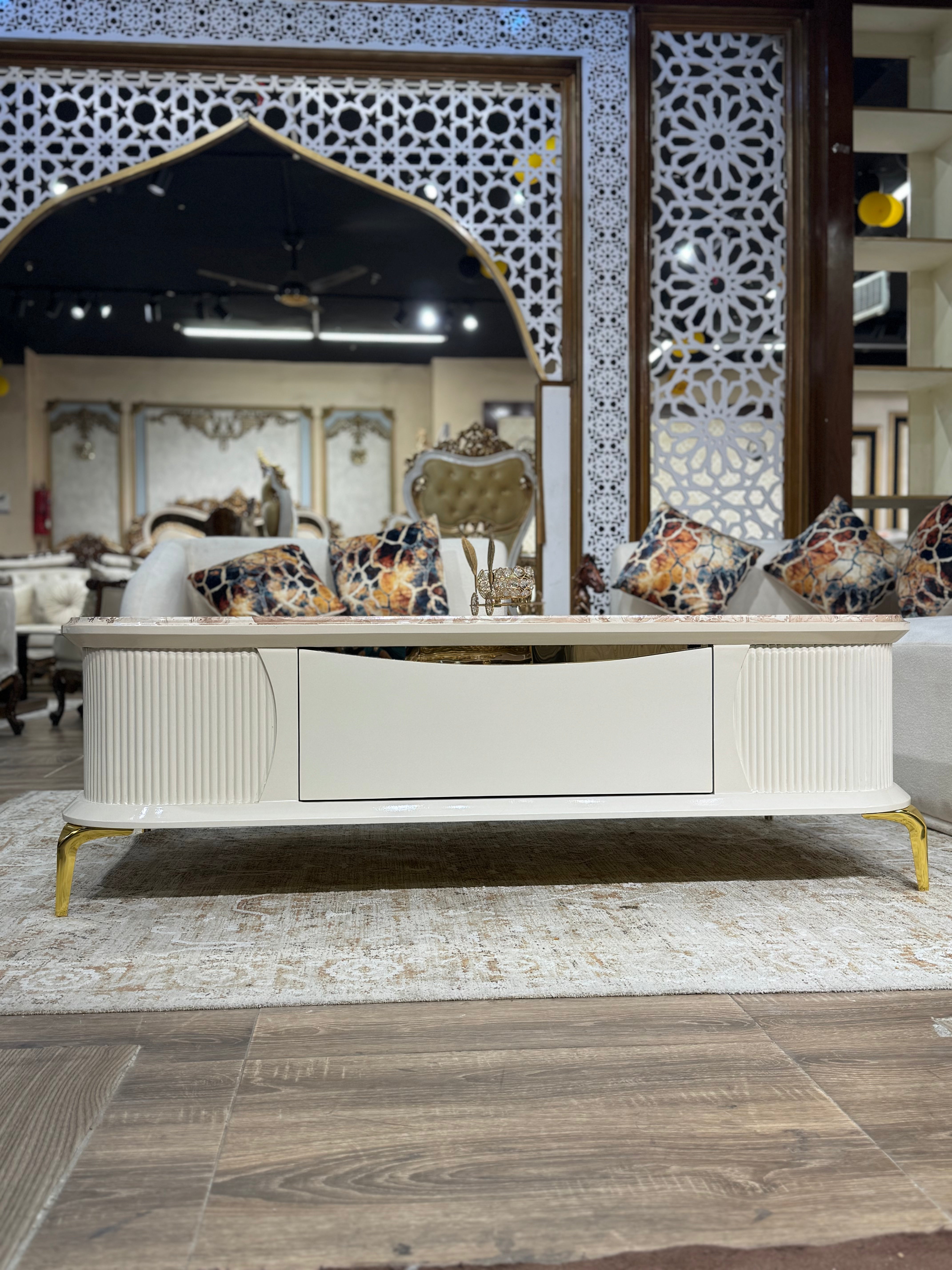 Luxury Marble Top with Curved White Base & Ribbed Design