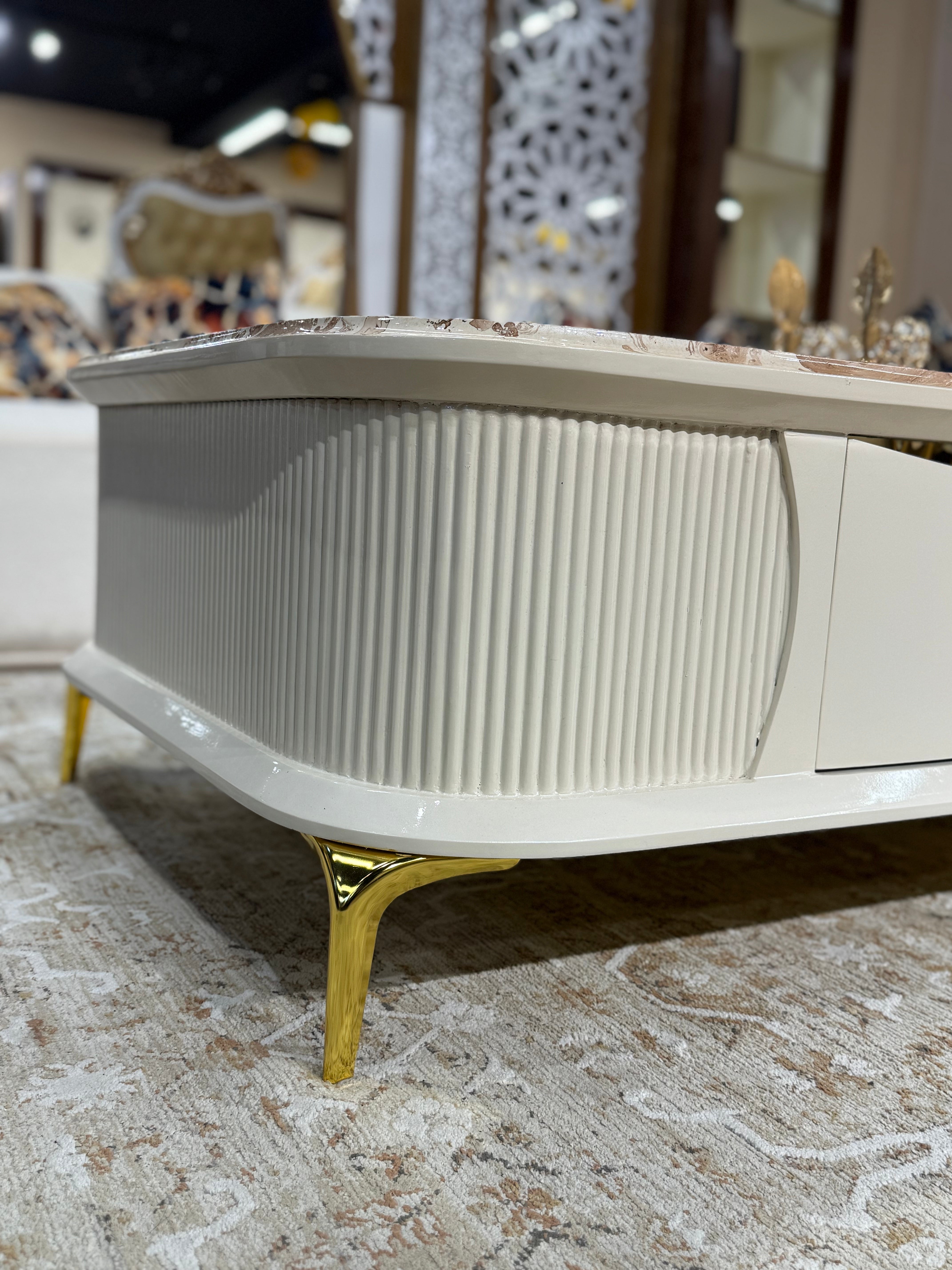 Luxury Marble Top with Curved White Base & Ribbed Design
