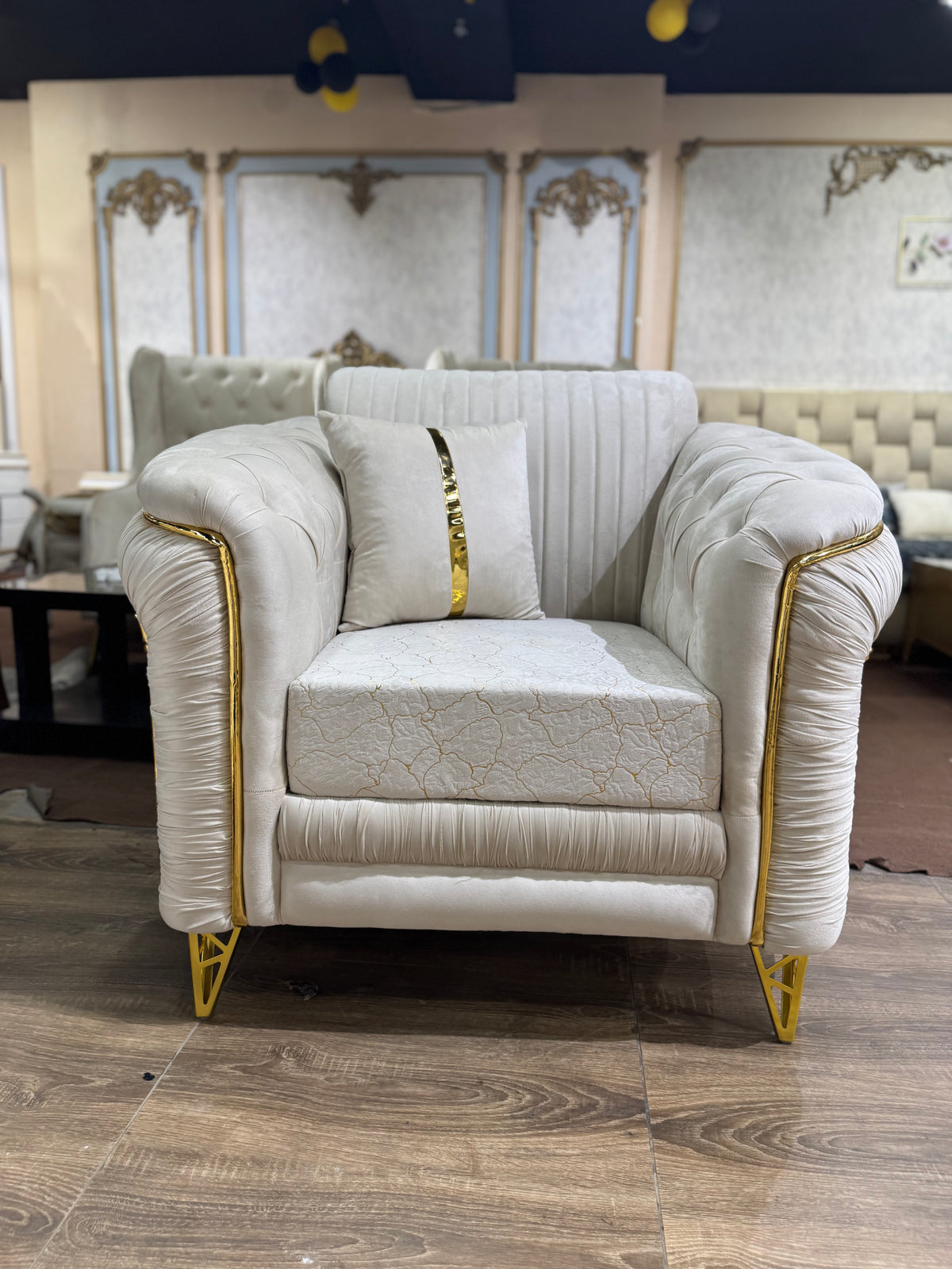 Cream Ribbed Upholstery with Gold Metal Accents & Trim
