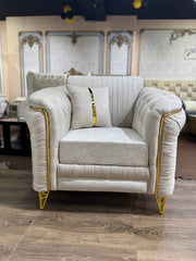 Cream Ribbed Upholstery with Gold Metal Accents & Trim