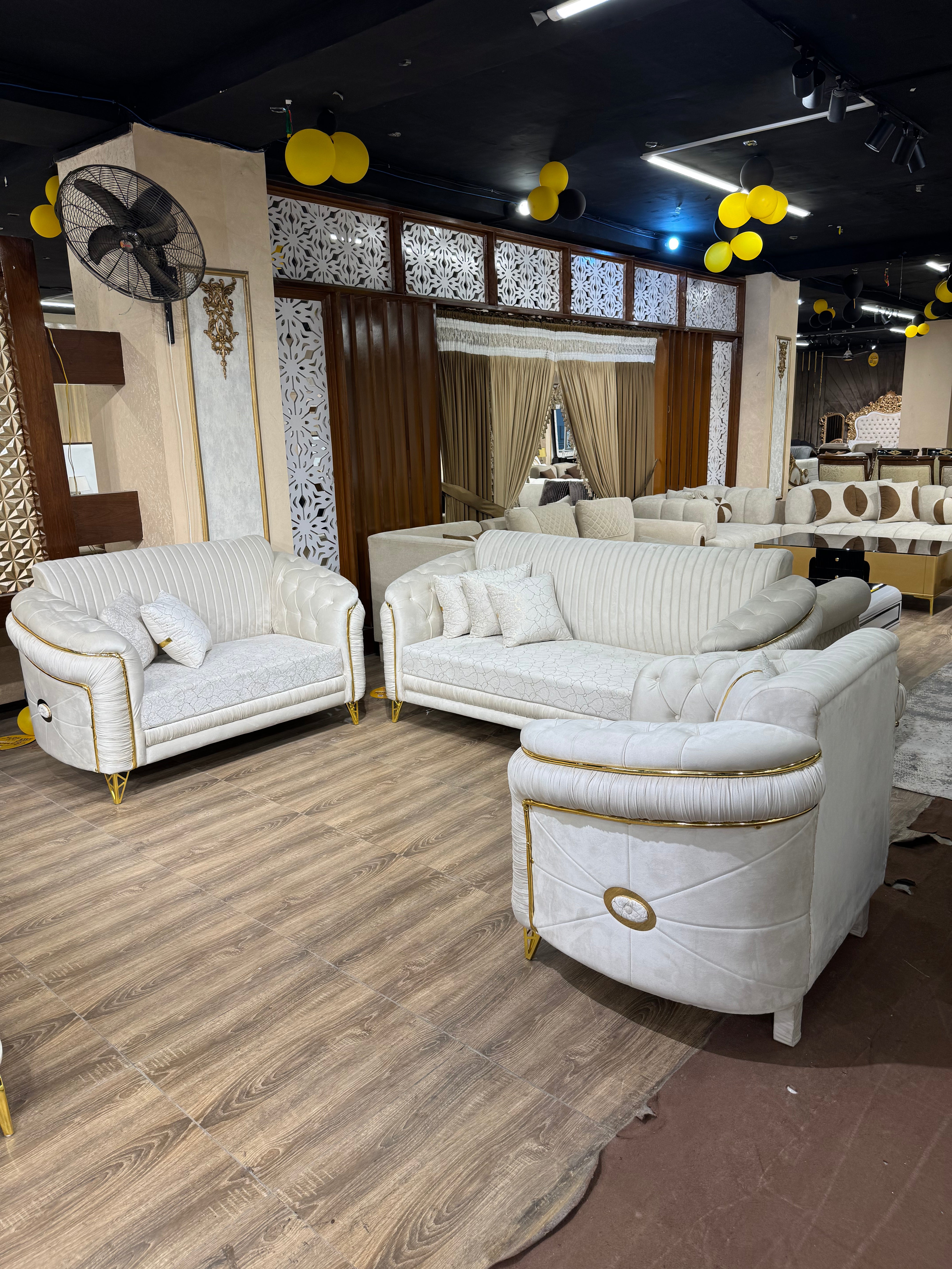 Cream Ribbed Upholstery with Gold Metal Accents & Trim