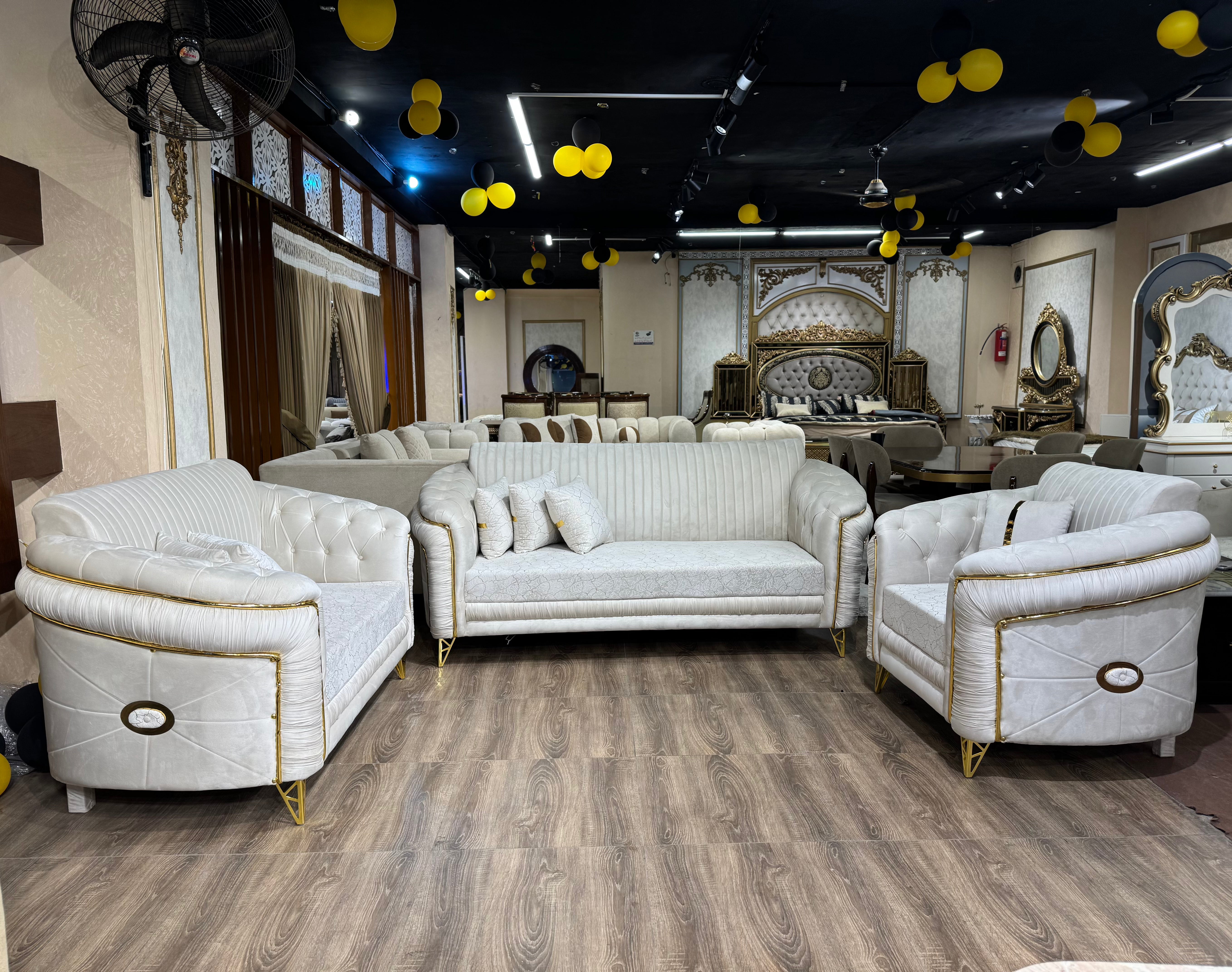 Cream Ribbed Upholstery with Gold Metal Accents & Trim