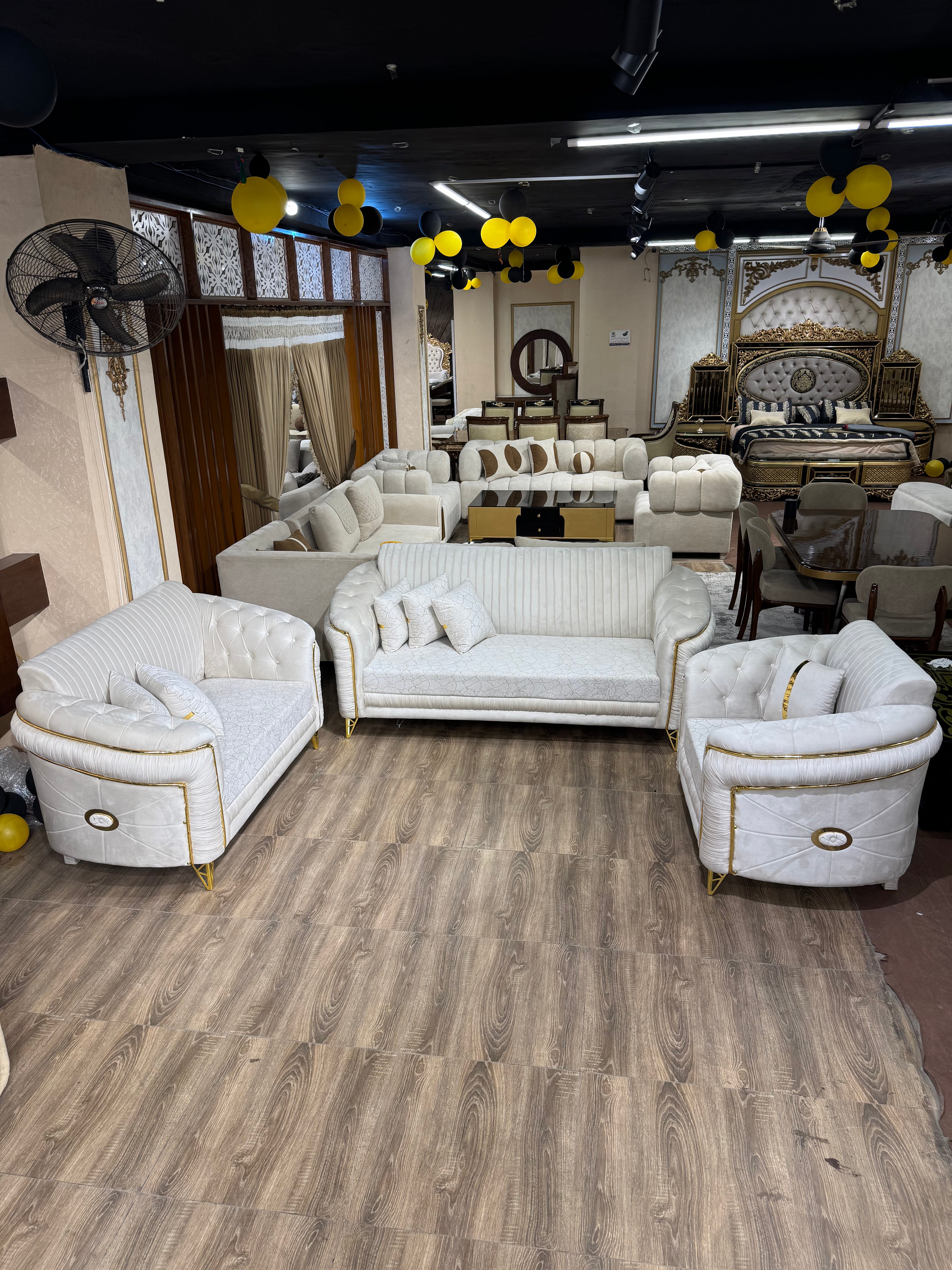 Cream Ribbed Upholstery with Gold Metal Accents & Trim