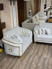 Cream Ribbed Upholstery with Gold Metal Accents & Trim