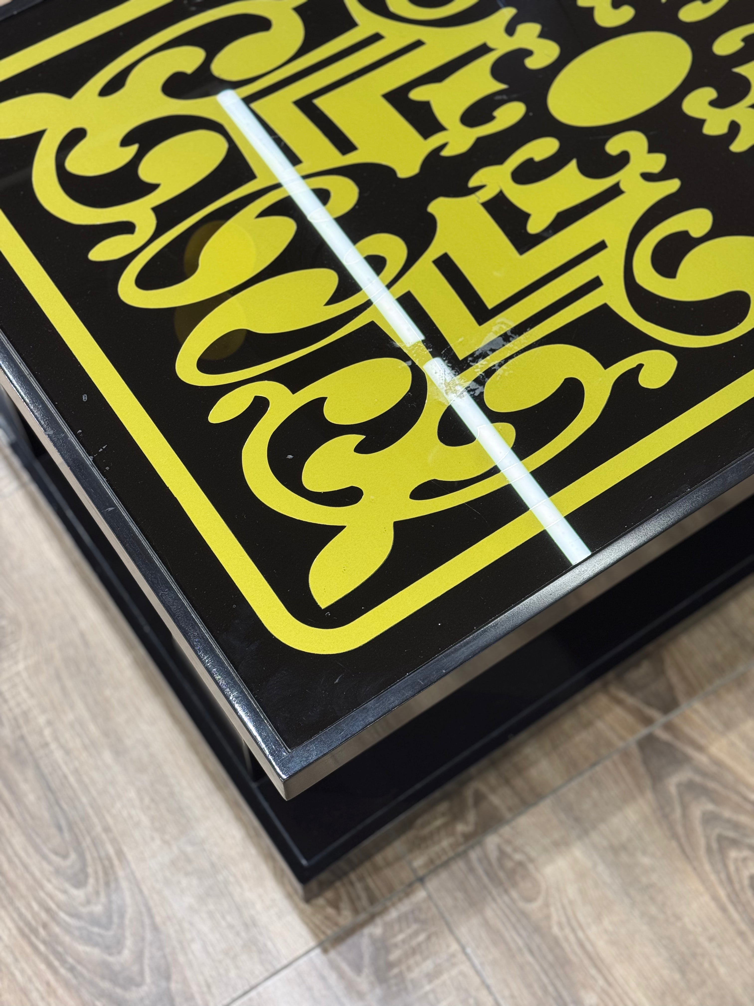 Ornate Brass Inlay Table with Black Base & Storage