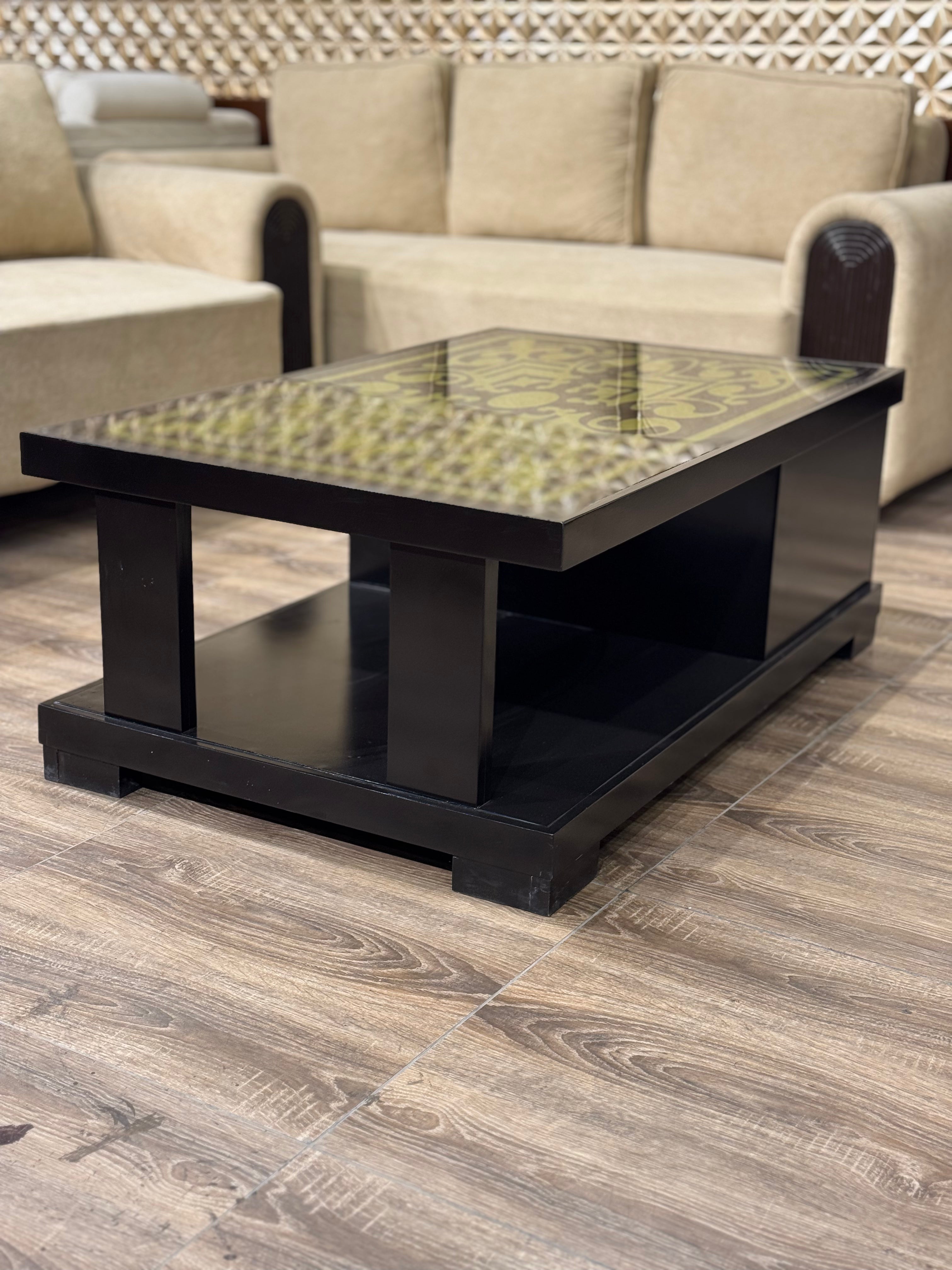 Ornate Brass Inlay Table with Black Base & Storage