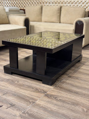 Ornate Brass Inlay Table with Black Base & Storage
