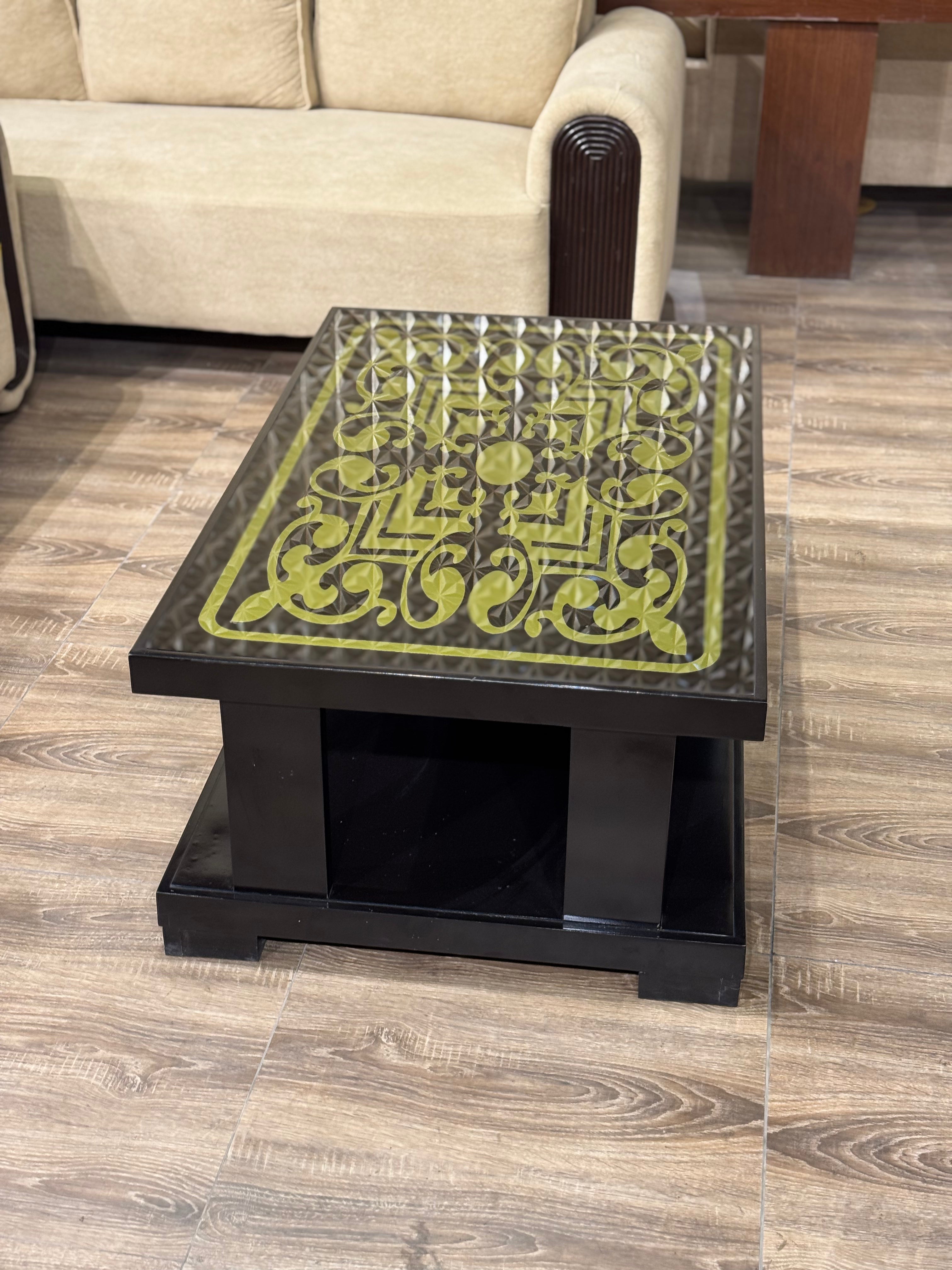 Ornate Brass Inlay Table with Black Base & Storage