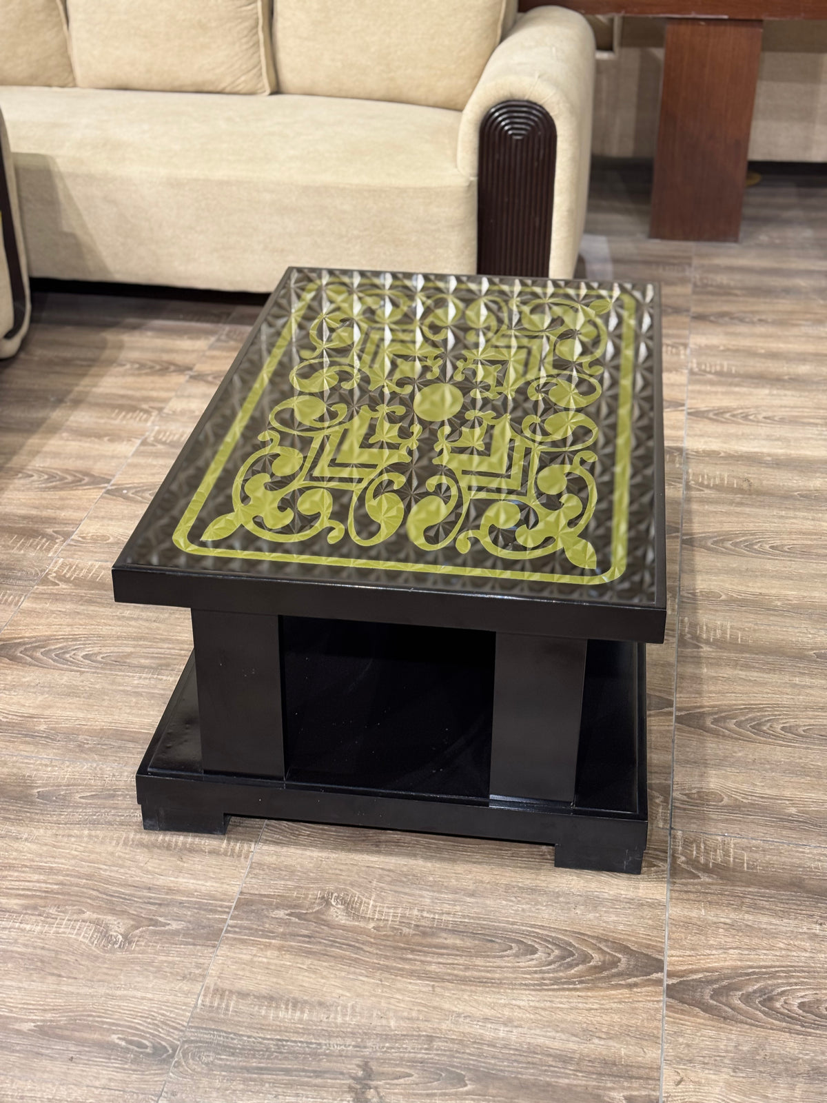 Ornate Brass Inlay Table with Black Base & Storage