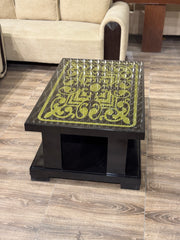 Ornate Brass Inlay Table with Black Base & Storage