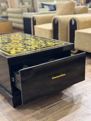 Ornate Brass Inlay Table with Black Base & Storage