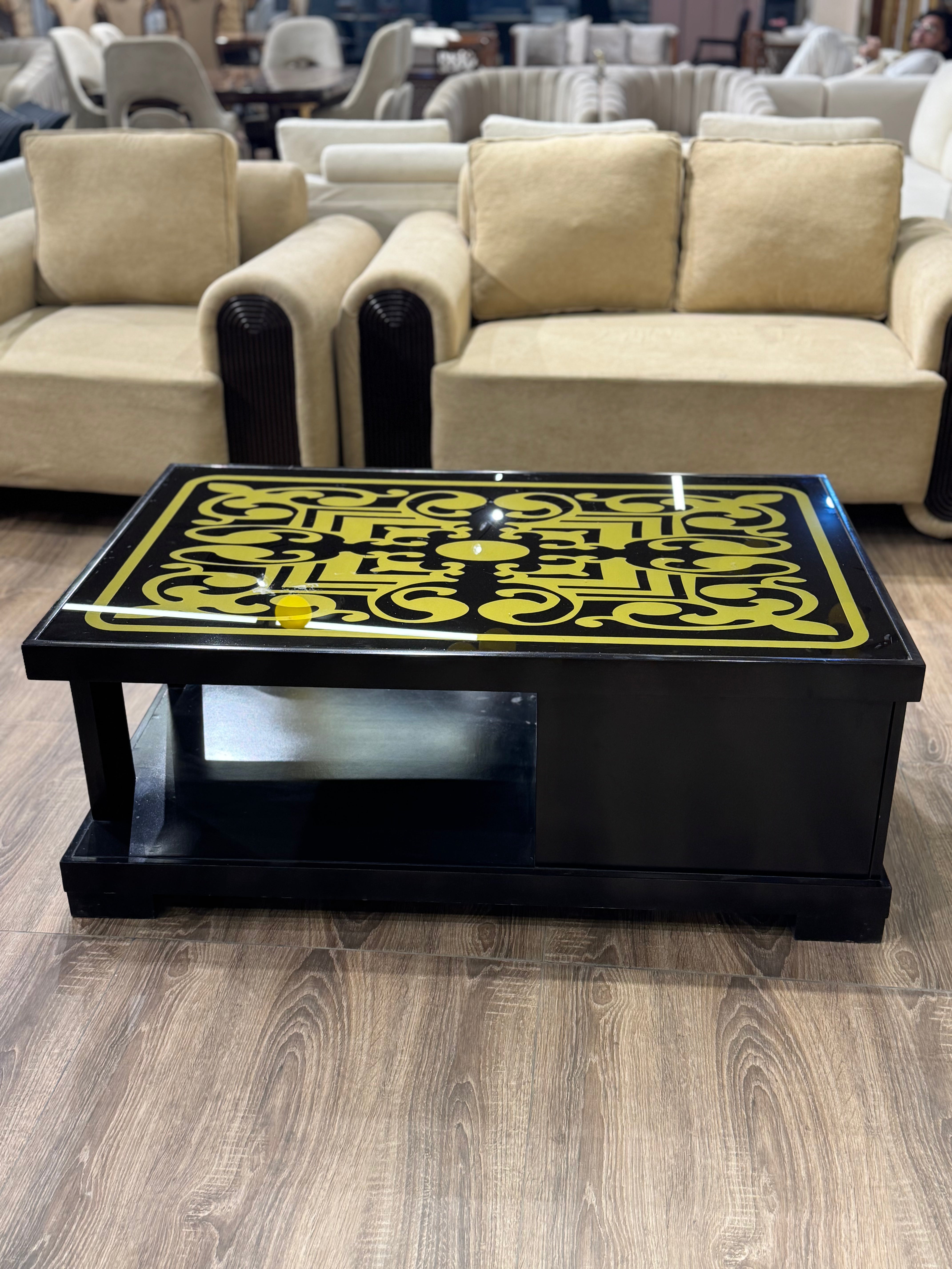 Ornate Brass Inlay Table with Black Base & Storage