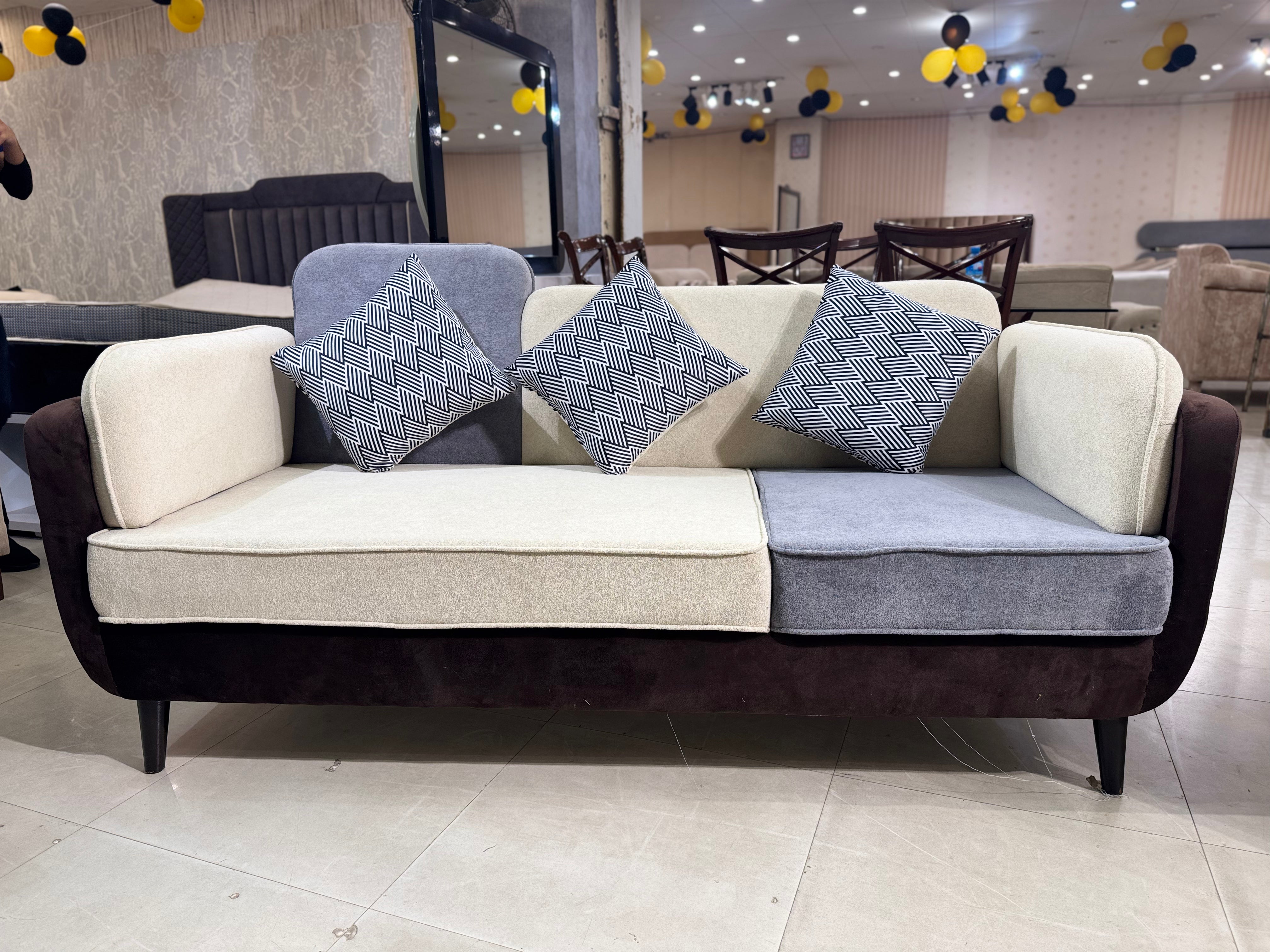 Cream & Gray Fabric with Black Base & Mid-Century Design