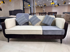 Cream & Gray Fabric with Black Base & Mid-Century Design
