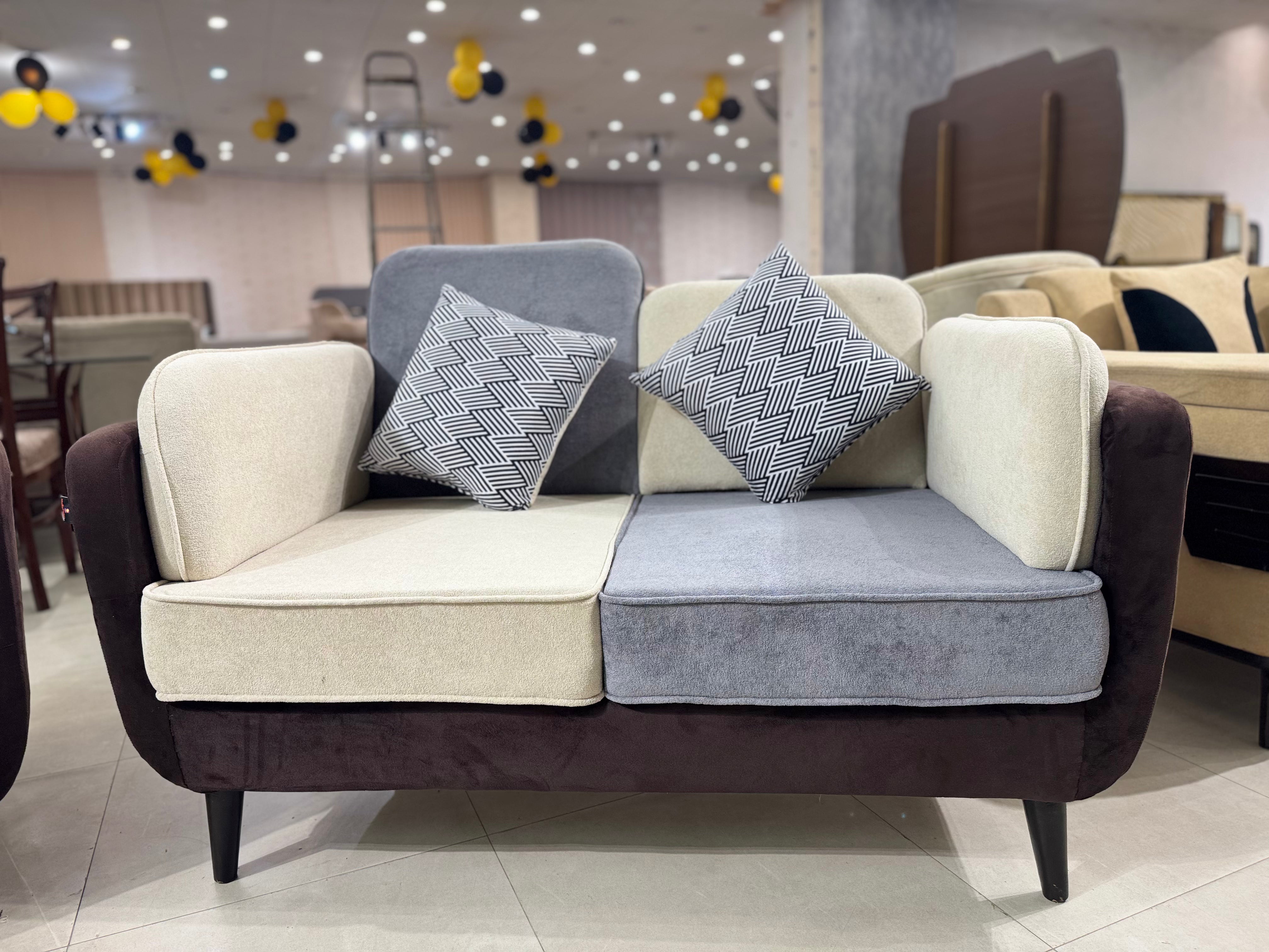 Cream & Gray Fabric with Black Base & Mid-Century Design