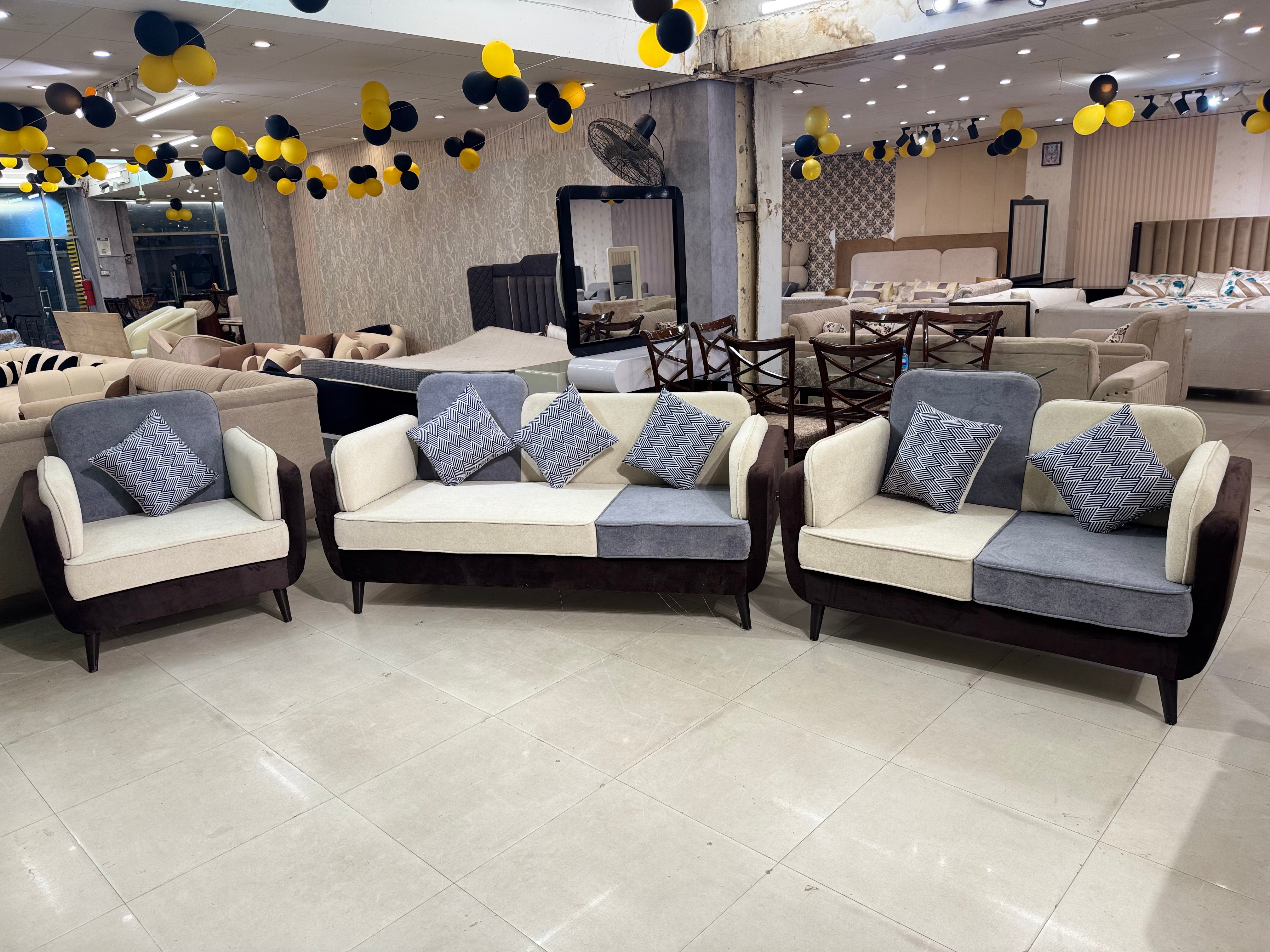 Cream & Gray Fabric with Black Base & Mid-Century Design