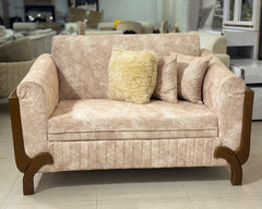 Beige Upholstery with Dark Wood Frame & Curved Arms