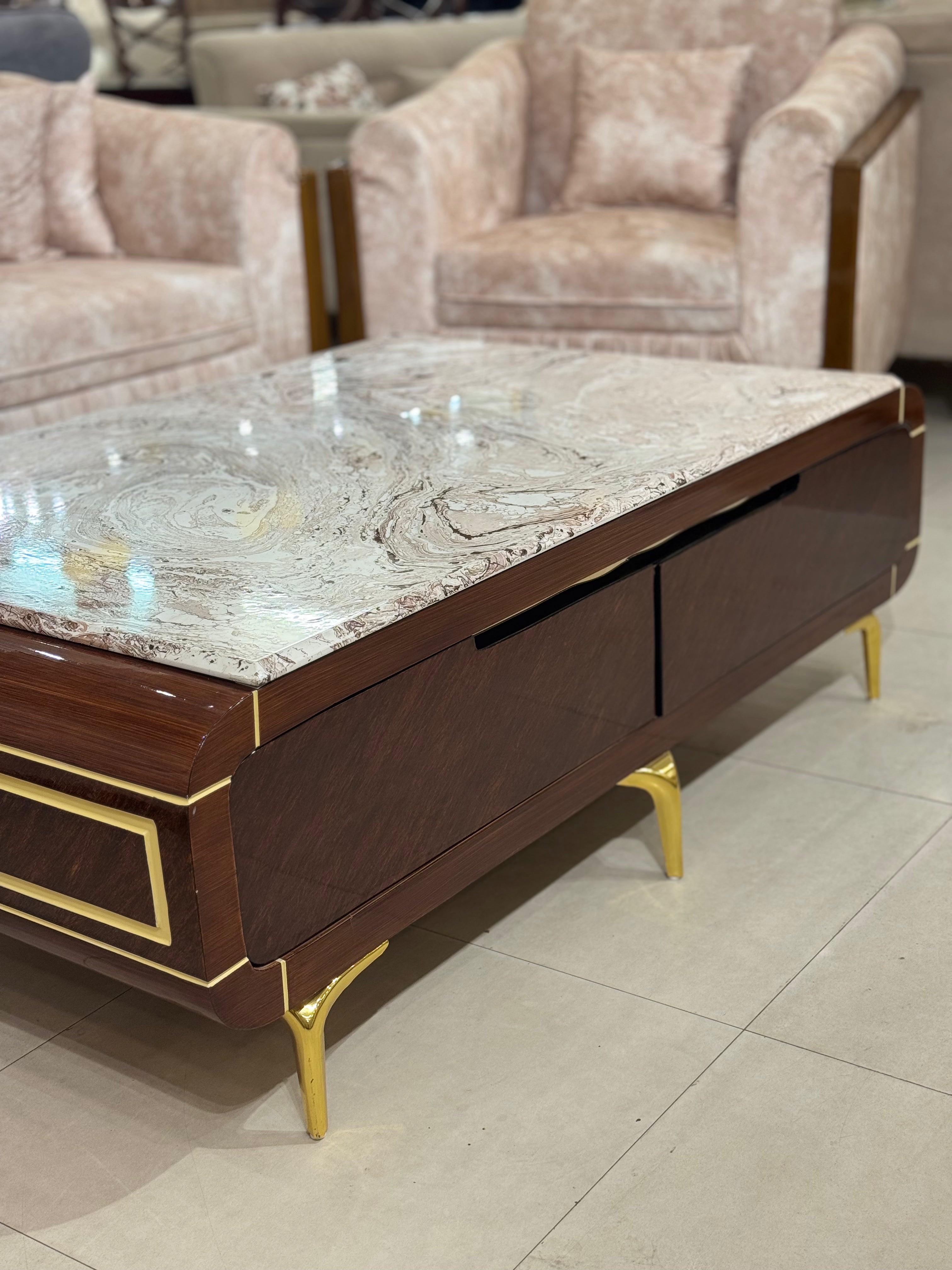 Modern Luxury Marble Top Coffee Table with Gold Accents